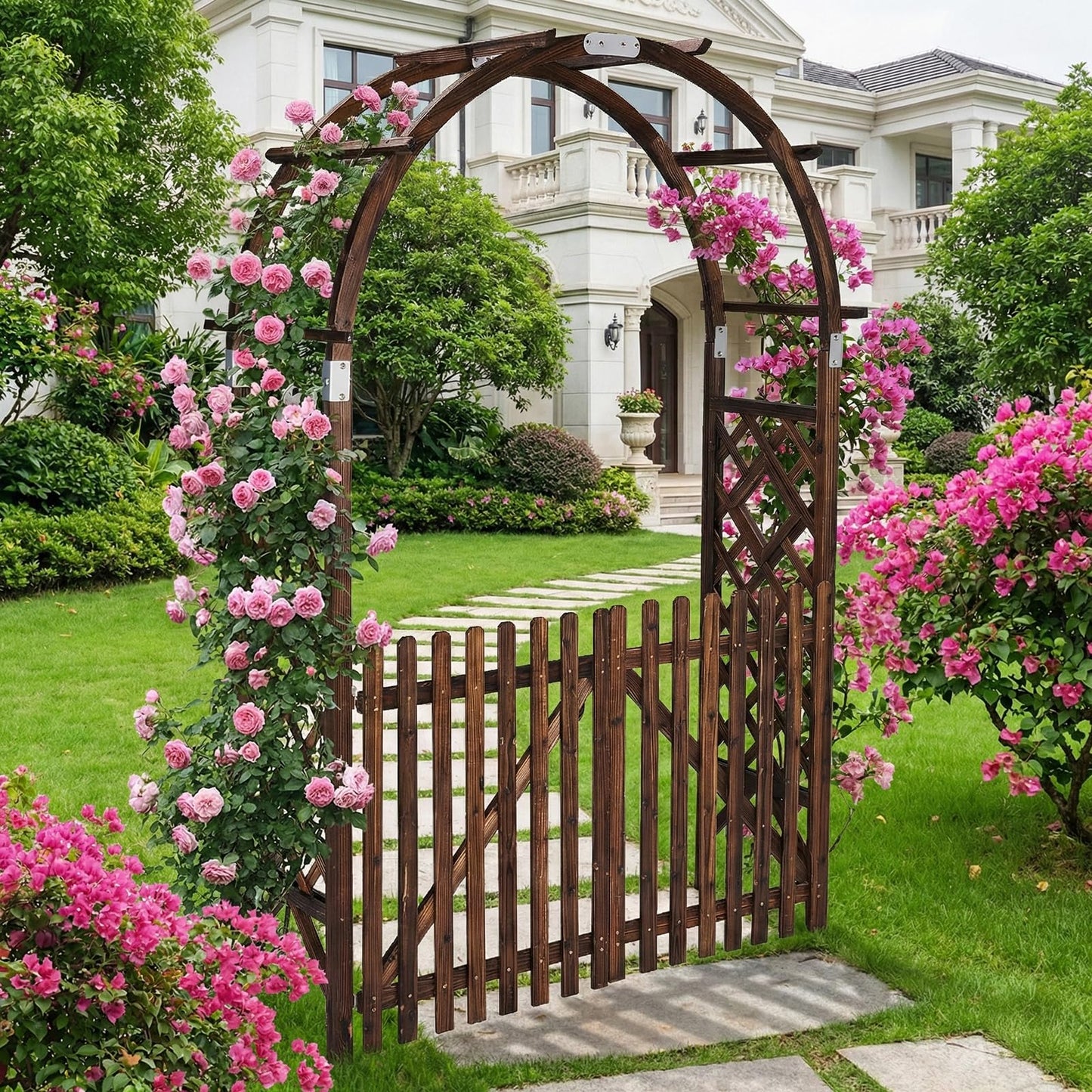 VINGLI Wooden Garden Arbor, Heavy Duty Outdoor Frame Trellis with Gate for Ceremony, Wood Trellis Garden Arch Pergola for Plant Climbing, Patio, Lawn, Wedding