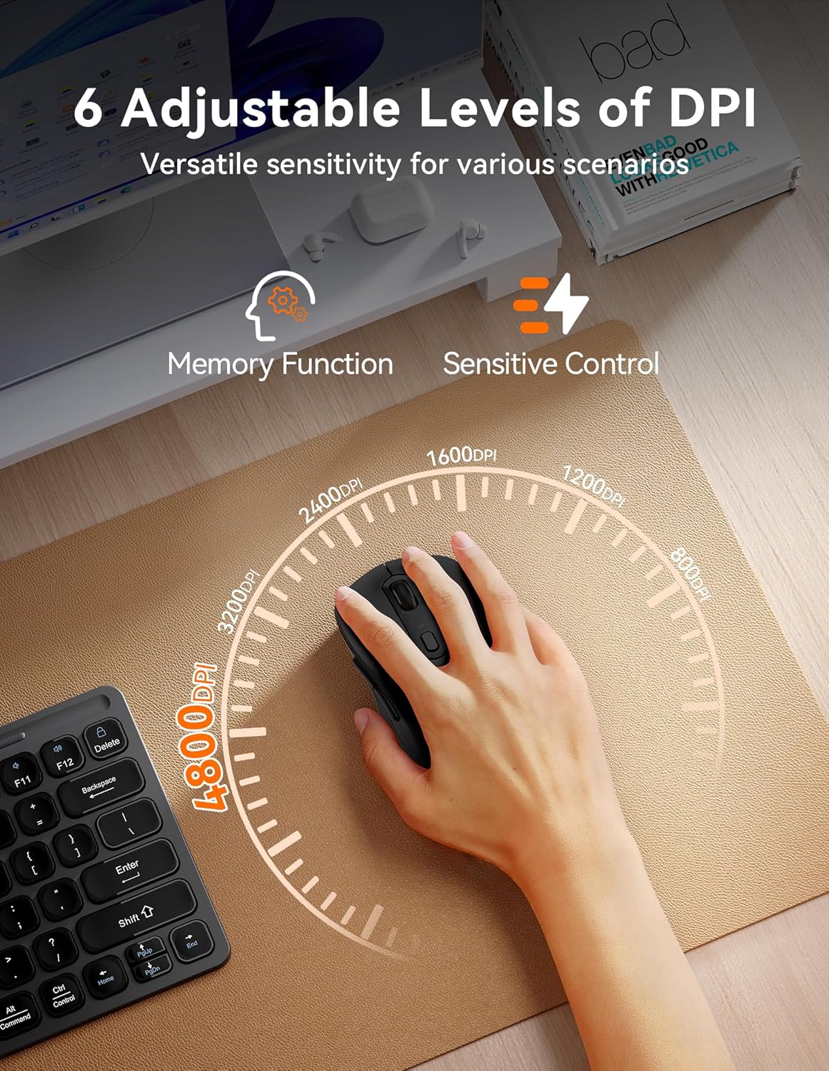TECKNET BT1 BT2 4800 Bluetooth Mouse, [ USB + + ] Wireless Mouse for Laptop, Silent Click, Ergonomic Design, DPI