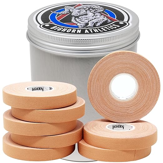 Bighorn Athletics Pro Series Jiu-Jitsu Finger Tape, 8-Rolls with Tin Holder, Enhanced Strength, Residue-Free (0.5-Inch, Nude)