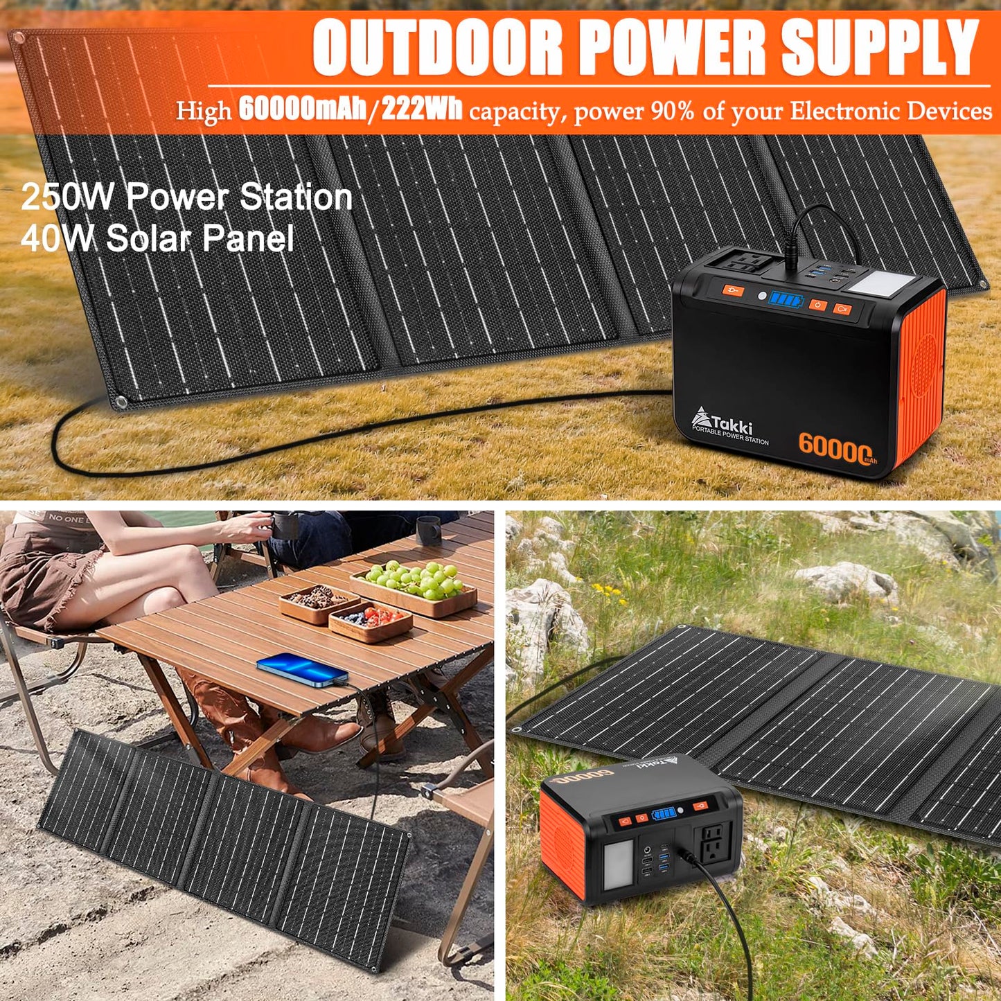Takki Solar Generator 250W Portable Power Station with 40W Solar Panels 222Wh Pure Sine Wave Camping Lithium Battery Power Pack with AC 110V Outlet for Camping CPAP Home Use Emergency Outdoor