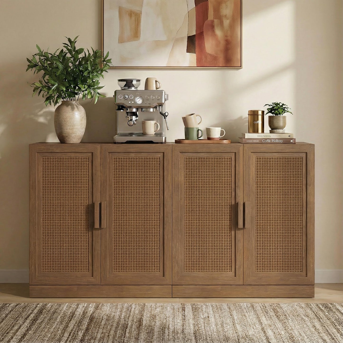 Casaphoria Adam Sideboard Buffet Cabinet with Storage, Sideboard Cabinet with Rattan Doors & Adjustable Shelves, 62" W x 31" H Coffee Bar for Entryway Kitchen Living Room, Walnut