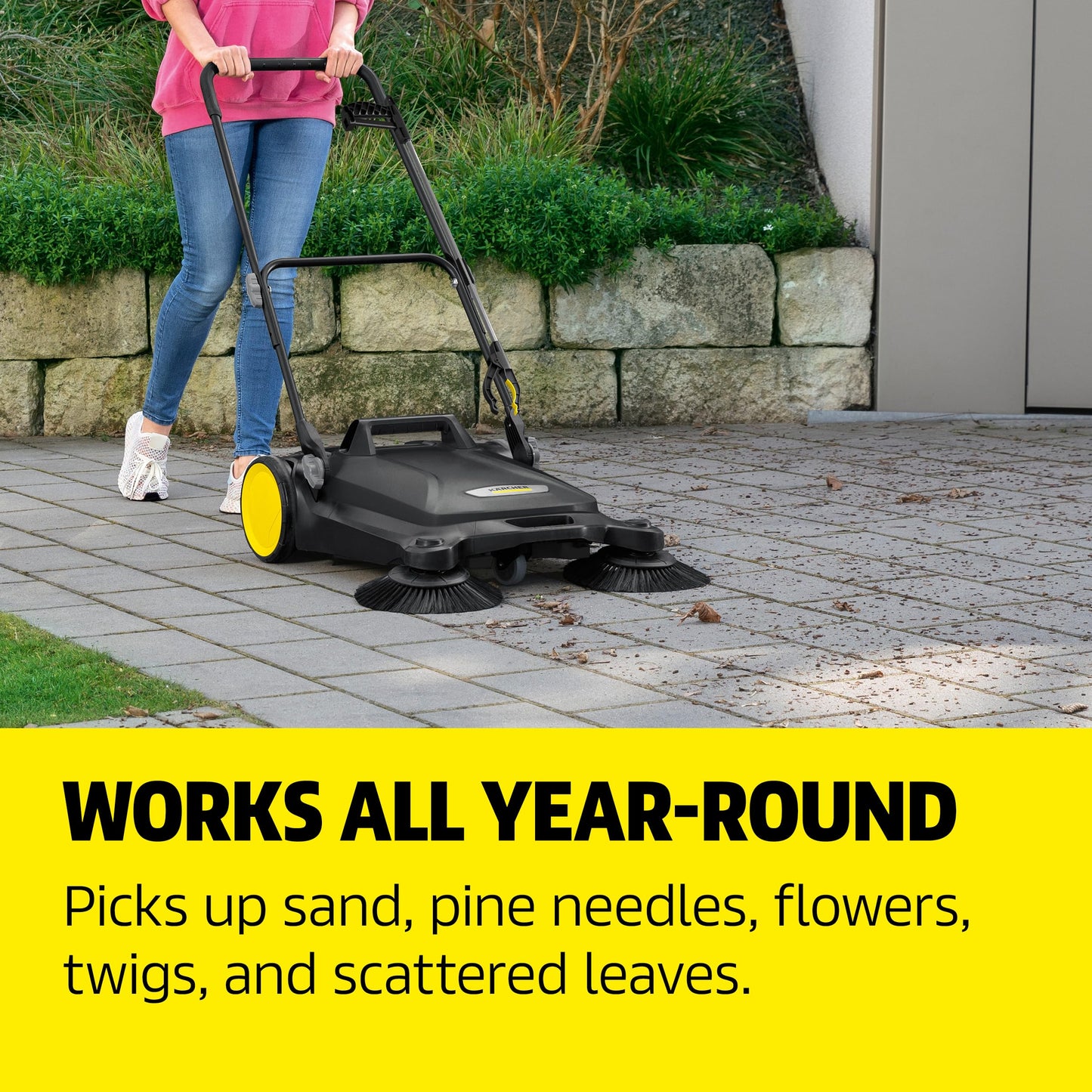 Kärcher Walk Behind Outdoor Push Sweeper S 4 Twin Go!Further for Workshops, Sidewalks, Driveways or Garages with Debris Grabber 5.25 Gallon Capacity, 26.8" Sweeping Width