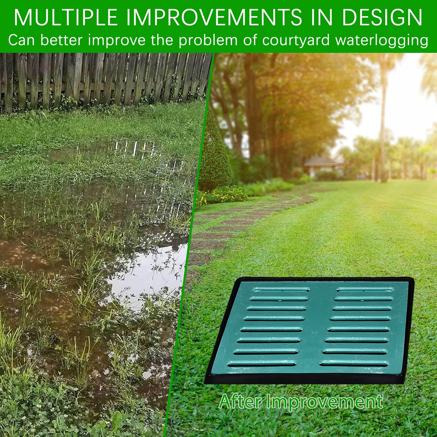 18x18x24 in Large Catch Basin for Drainage with Debris Basket,Catch Basin with Fiber Glass Grate,French Drain Catch Basin Without pre drilled Holes are Suitable for courtyards, downspouts, lawns