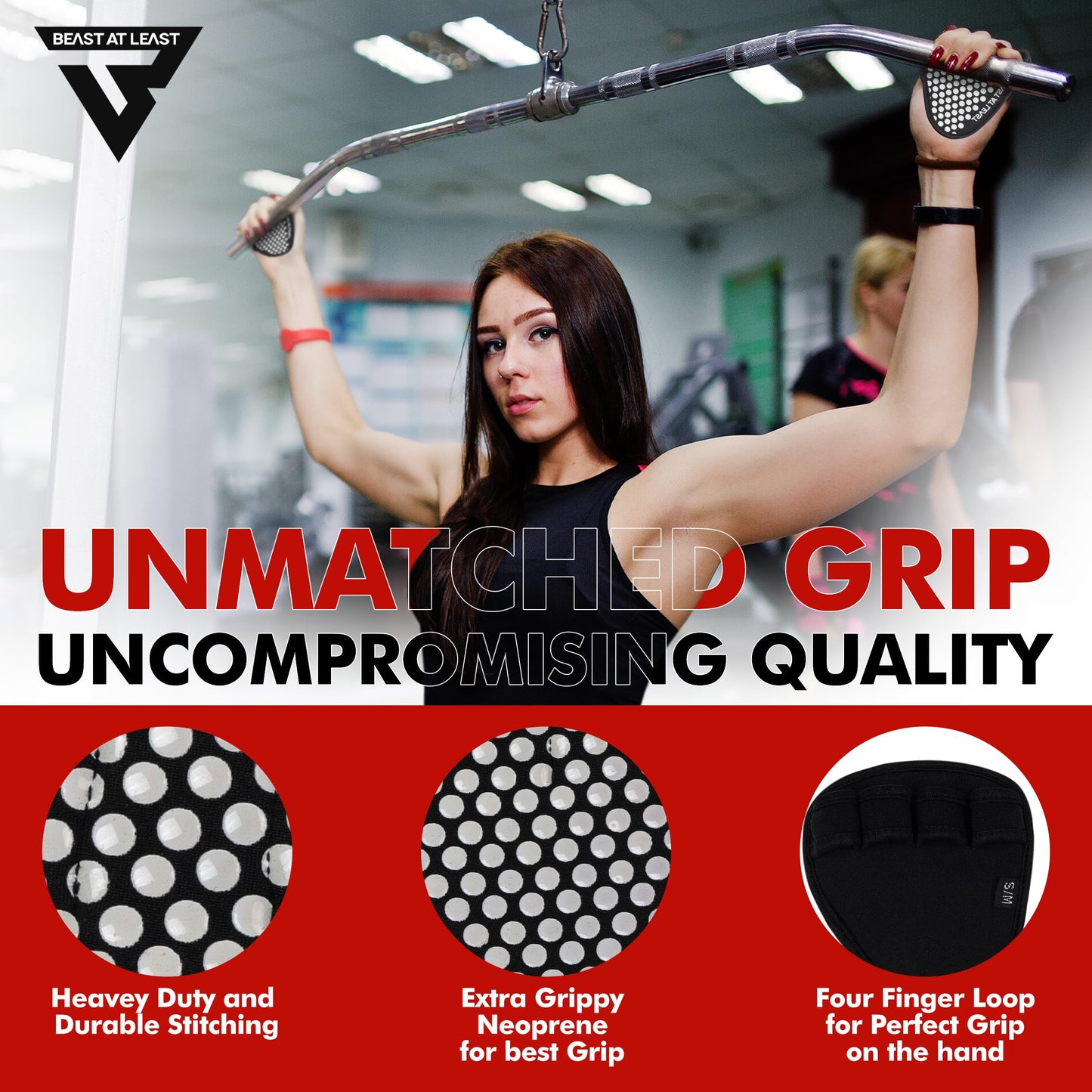 Beast AT Least Grip Pads for Weightlifting & Fitness – Non-Slip, Breathable Palm Protectors for Men & Women – Ideal for Gym Workouts, Cross Training, Pull-Ups & Deadlifts (Black, L/XL)