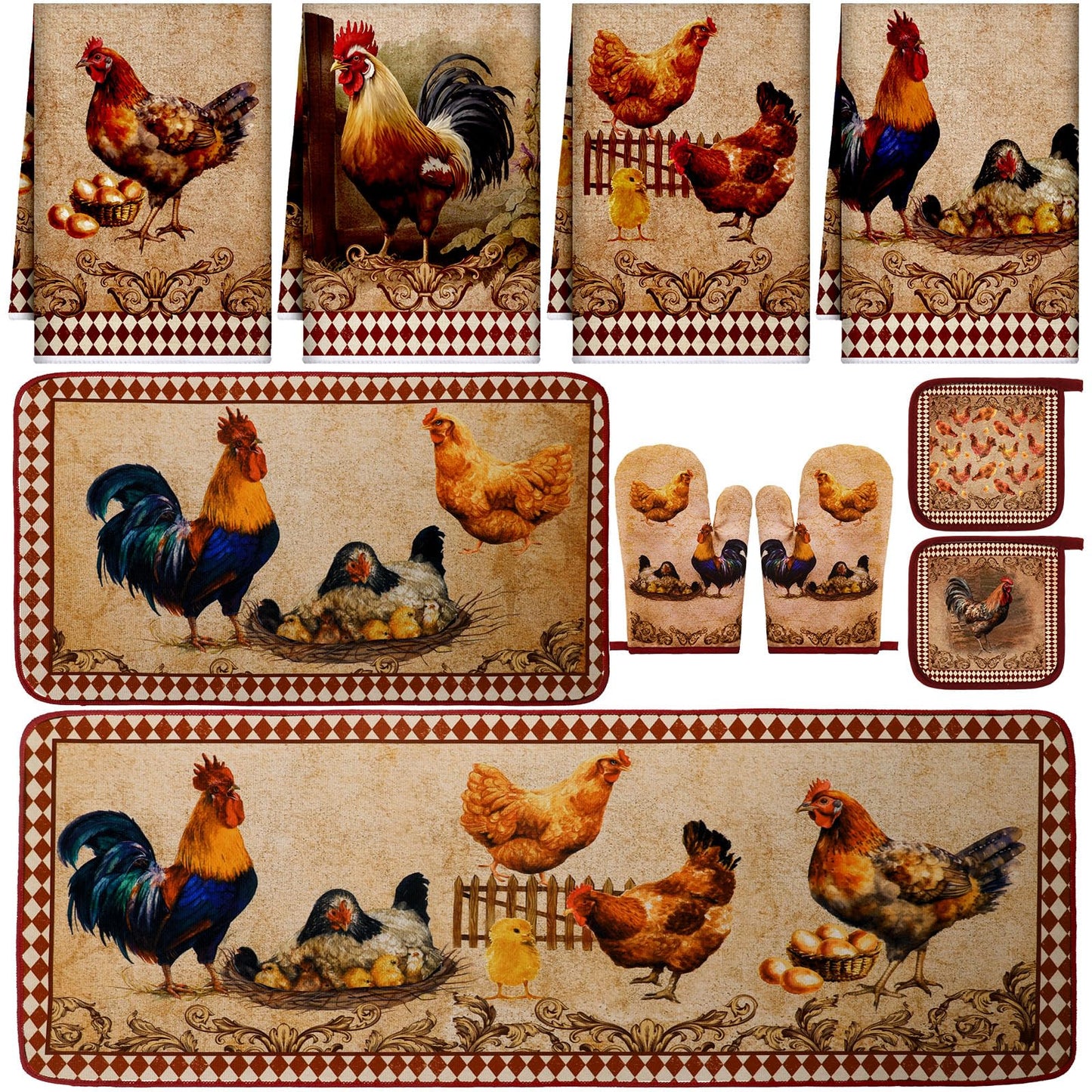Fourluoo 10 Pcs Rooster Chicken Kitchen Dish Towels Rugs Oven Mitts and Pot Holders Sets Farmhouse Rustic Rooster Kitchen Decor Set for Cooking Baking Grilling Women Mom Gift(Brown)