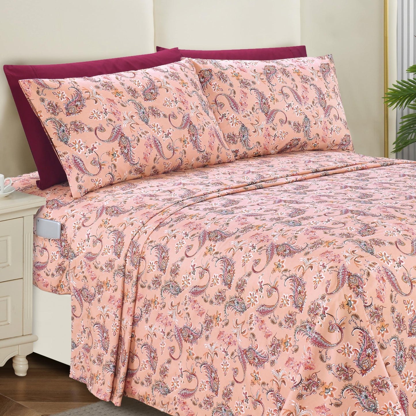 Elegant Comfort Softest and Coziest 6-Piece Sheet Set - 1500 Premium Hotel Quality Microfiber - Deep Pocket, Wrinkle Resistant 6-Piece Paisley Pattern Bed Sheet Set, King, Paisley Coral