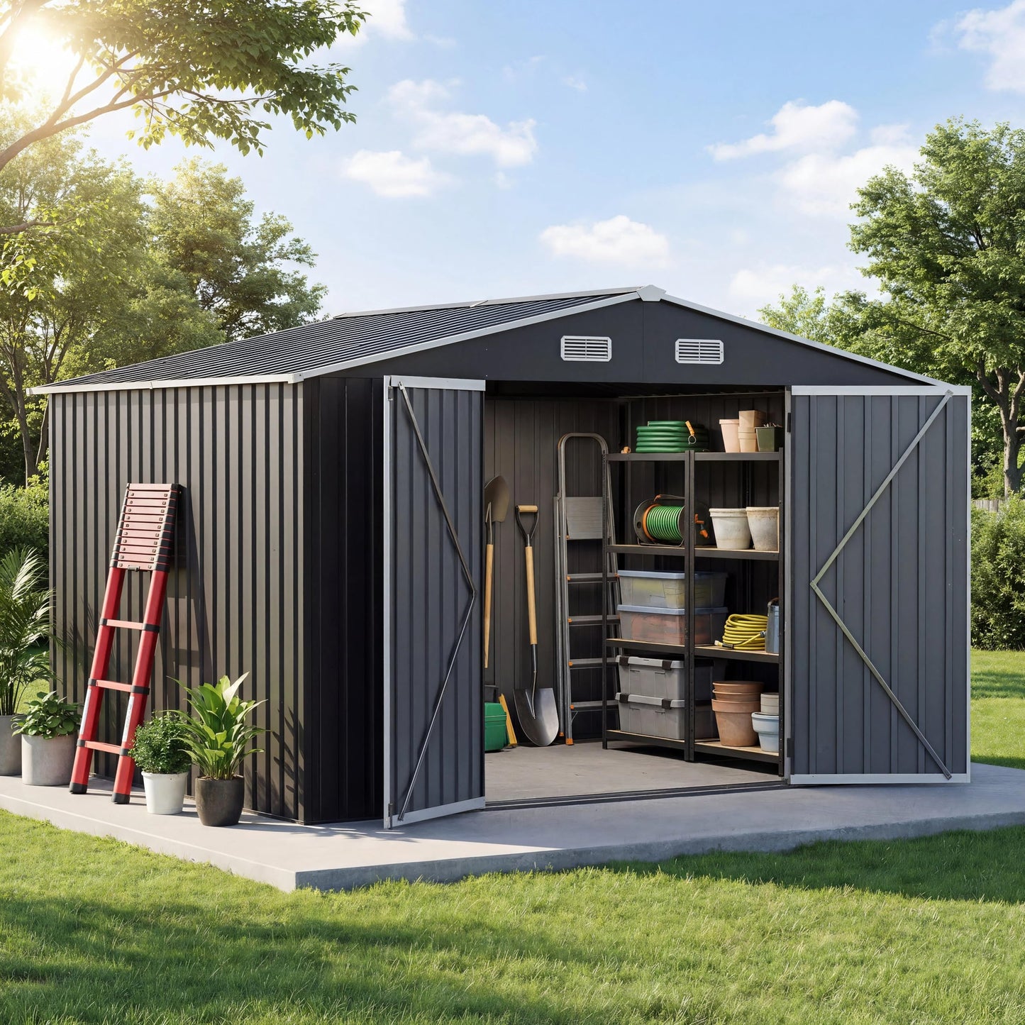 UDPATIO 10X8 FT Outdoor Storage Shed, Metal Steel All-Weather Resistant Garden Tool Shed with Sloped Roof & Lockable Door, Outside Heavy Duty Sheds for Bicycle in Patio Lawn, Garden, Backyard, Grey