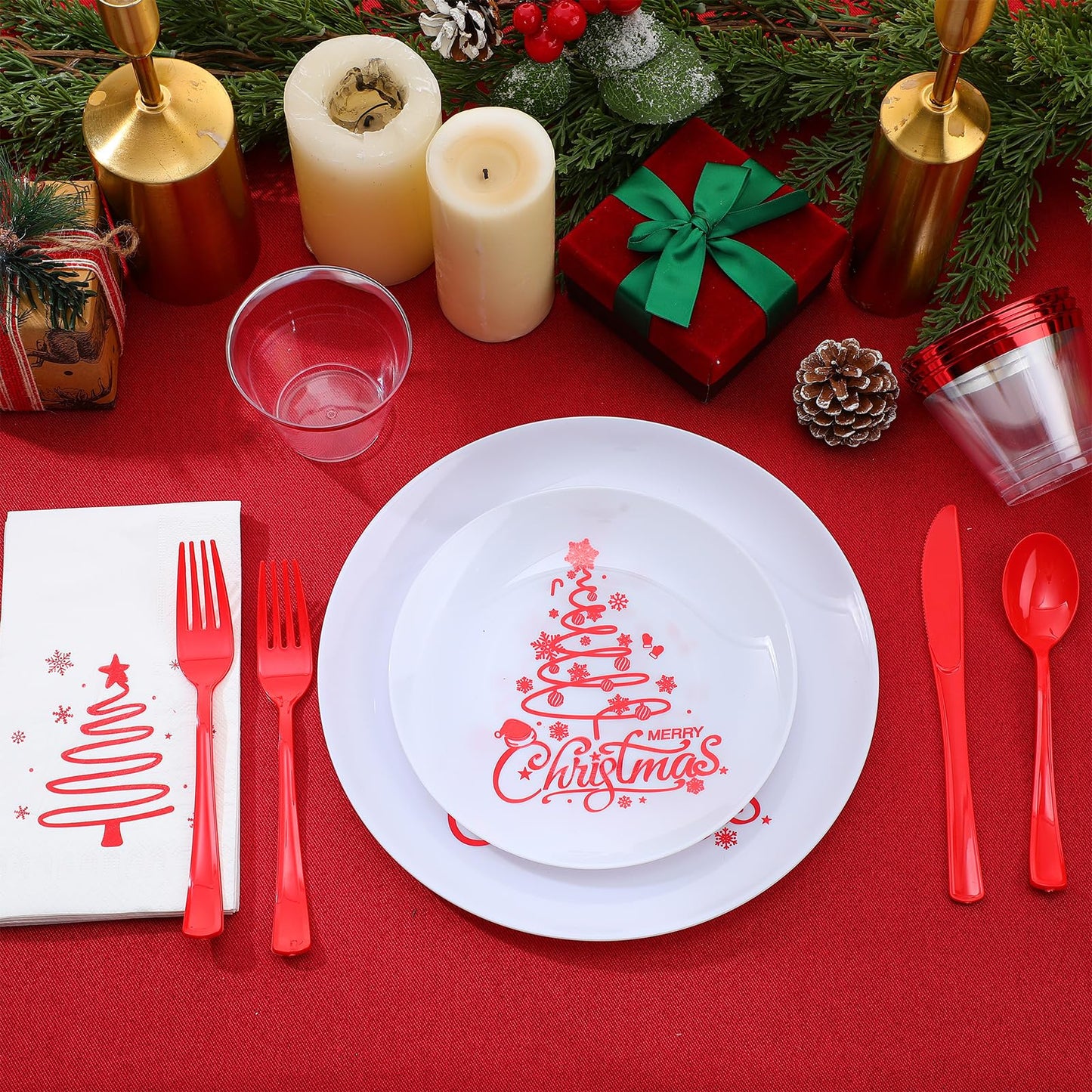 Shellwei Christmas Plastic Dinnerware Set, Xmas Disposable Plates Includes 40 Dinner Plates 40 Cup 40 Dessert Plate 40 Paper Napkins 40 Forks Knives Spoons Supplies for Christmas(Red White,Xmas Tree)