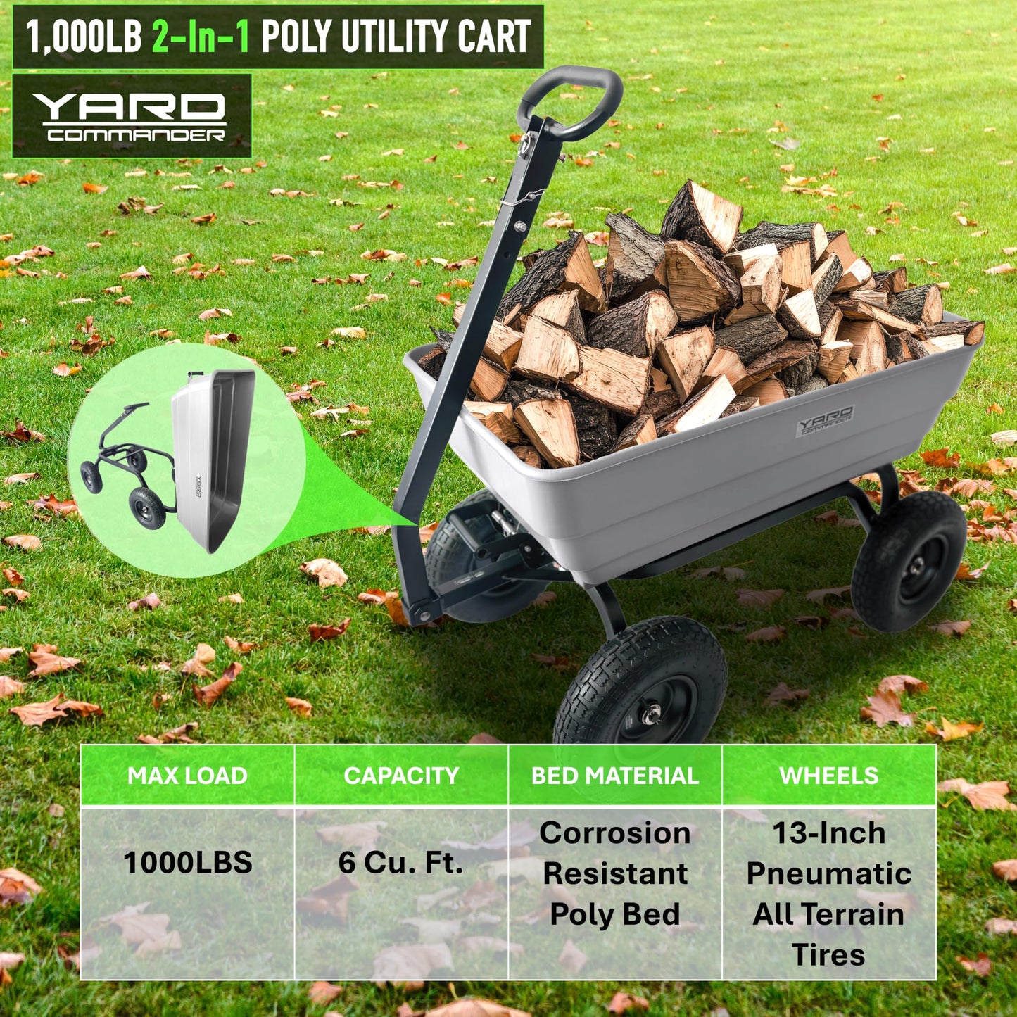 Yard Commander - 1000 lb Poly Dump Cart, Heavy Duty Towable Garden Utility Cart with 6 Cu. Ft. Dump Bed, 13-Inch Pneumatic All-Terrain Tires, 2-in-1 Handle, Tow-Behind ATV & Lawn Tractor Cart