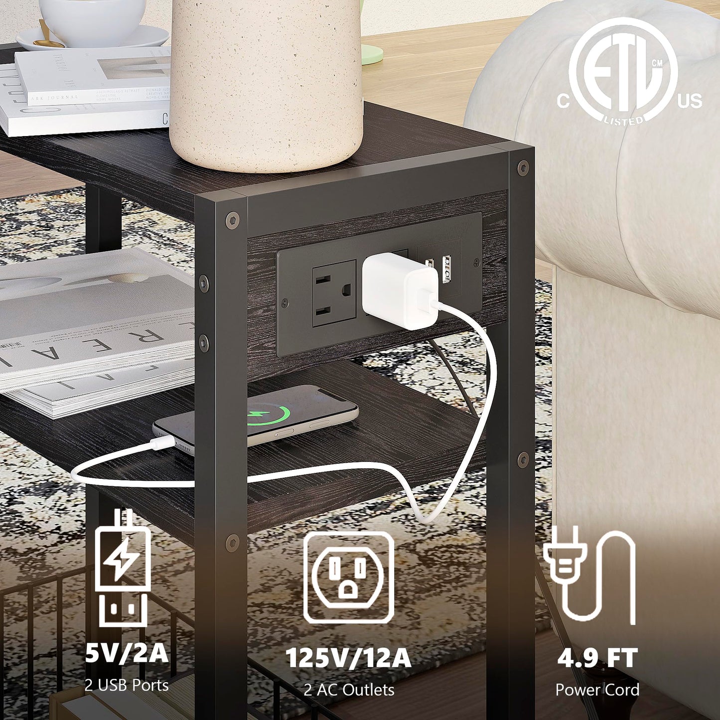 TRIFEBLE Narrow Side Table with Charging Station, Small End Table for Small Spaces, Slim Nightstand with Storage Basket, 3 Tier Skinny Bedside Table for Living Room, Bedroom, Black