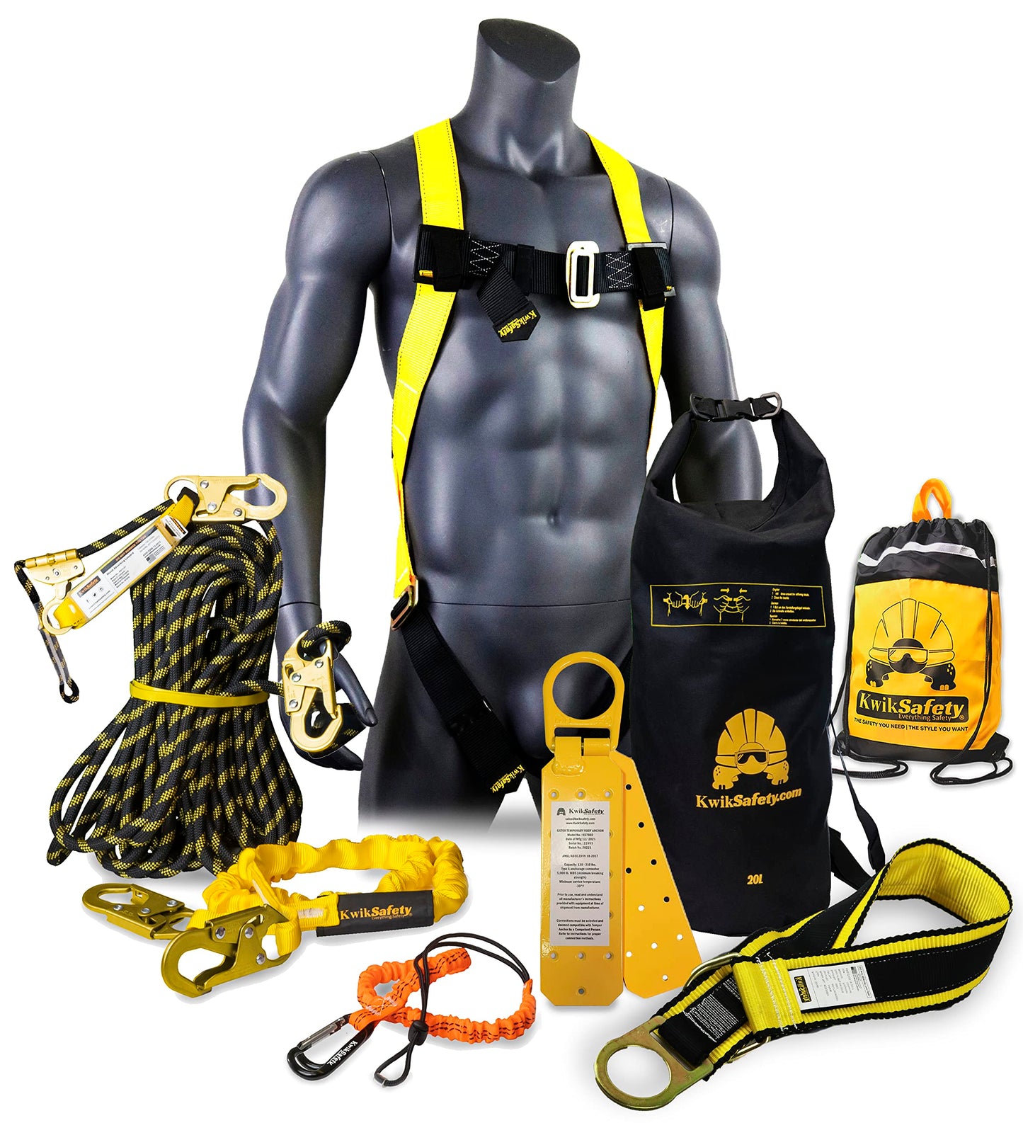 KwikSafety - Charlotte, NC - TSUNAMI BUNDLE [Premium BRAIDED ROPE] Vertical Lifeline, Safety Harness, Safety Lanyard, Cross Arm Strap, Tool Lanyard, Roof Anchor, 10L Dry Bag ANSI OSHA | 25 FT.