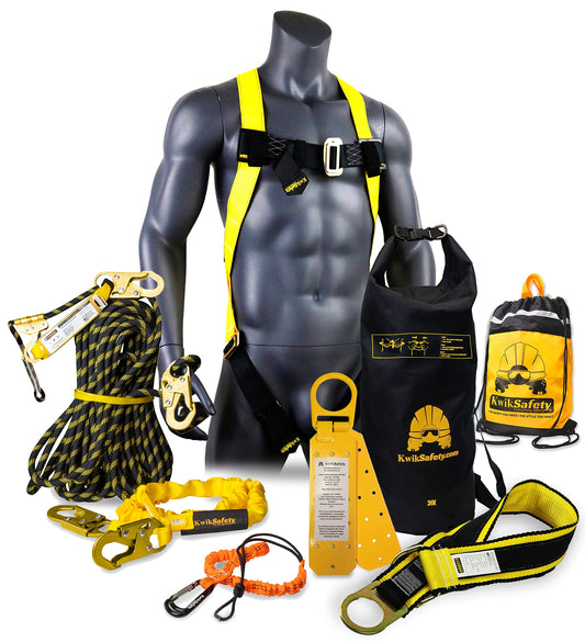 KwikSafety - Charlotte, NC - TSUNAMI BUNDLE [Premium BRAIDED ROPE] Vertical Lifeline, Safety Harness, Safety Lanyard, Cross Arm Strap, Tool Lanyard, Roof Anchor, 10L Dry Bag ANSI OSHA | 25 FT.