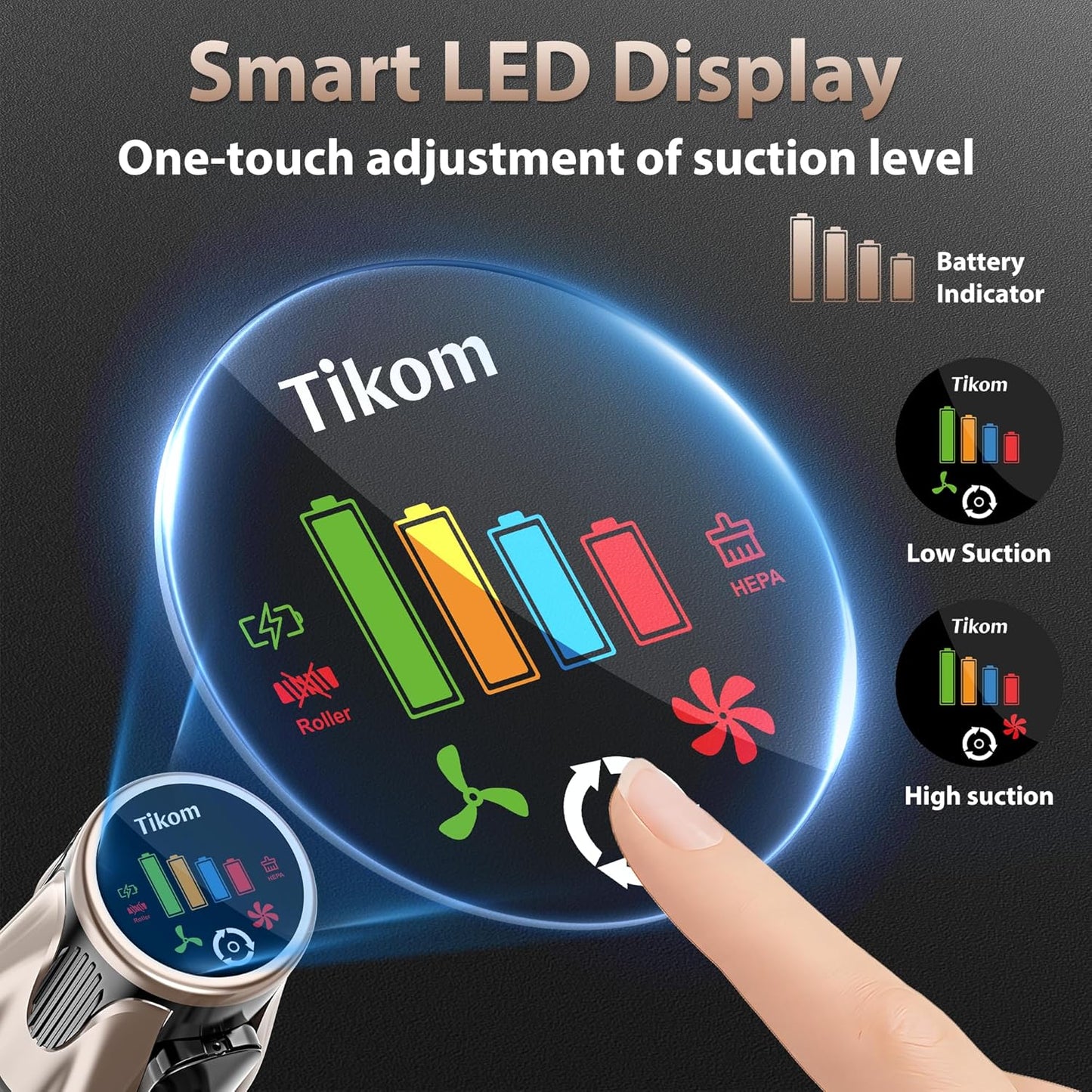 Tikom V850 Cordless Vacuum Cleaner - 50000Pa Suction, 70 Mins Runtime, LED Touch Screen, 1.8L Dust Cup, Lightweight for Pet Hair & Carpets