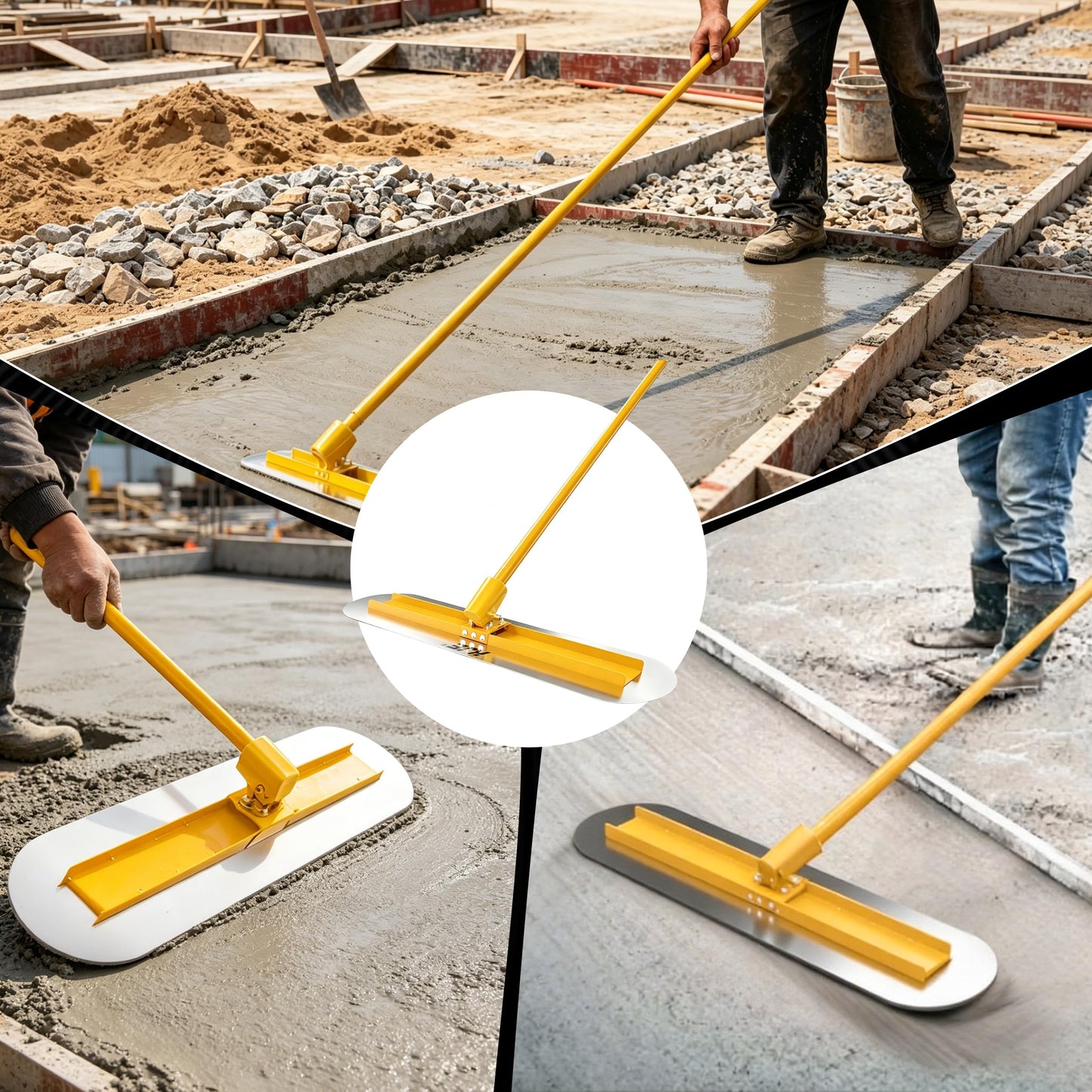 KJE Stainless Steel Bull Float Concrete Tools 48"x12" inch,Round End, Board Kit trowel Tool Cement Tools Float Bracket Concrete Tools with 48 inch Handles x 4, Screeding and Finishing Tool Kit