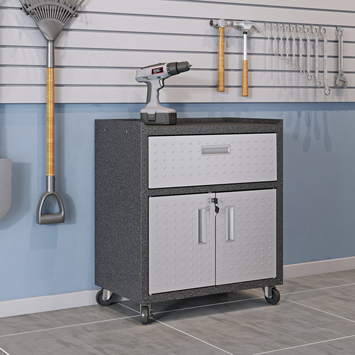 Manhattan Comfort Fortress Textured Metal 31.5" Garage Mobile Cabinet with 1 Full Extension Drawer and 2 Adjustable Shelves, Black/Gray