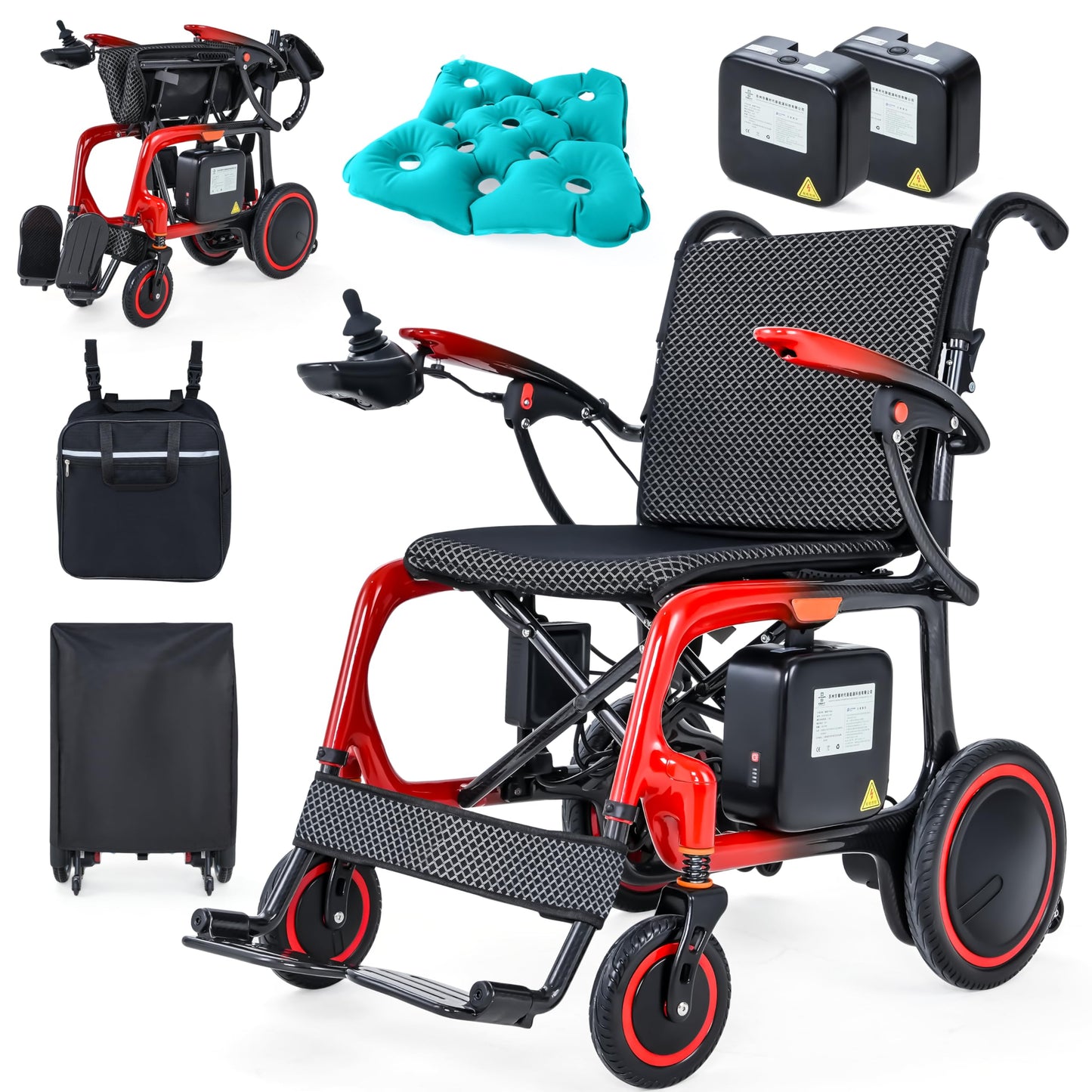 Ultralight 30+Mile Range 100% Carbon Fibre Electric Wheelchair, Upgraded Tyres All Terrains Power Wheelchair Airline Approved, Includes Inflatable Seat Cushion, LED Light, Backpack, Dust Cover