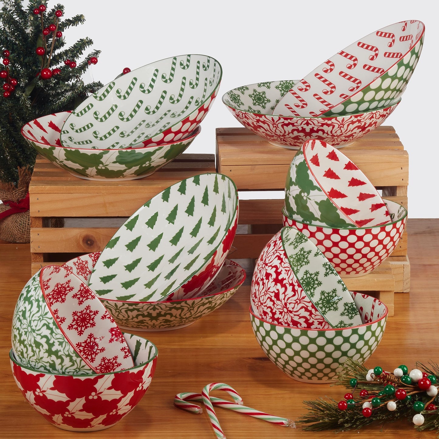 Winter Medley 13 oz All Purpose Bowls – Set of 6 Porcelain Holiday Serving Bowls for Ice Cream, Snacks, or Sides – Festive Assorted Designs for Christmas Entertaining