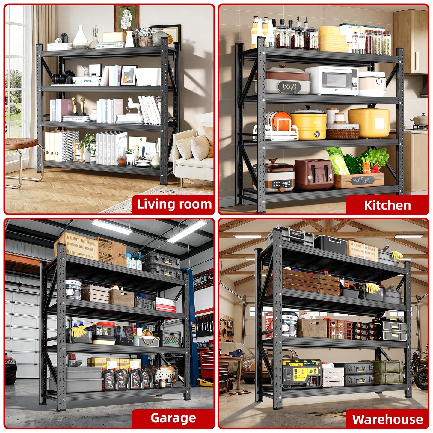 Lionhon Heavy Duty Garage Shelving, 70" W x 23" D x 69" H, 5000 LBS Capacity, 4-Tier Adjustable Metal Storage Shelves, Reinforced Steel Storage Rack for Warehouse, Basement, Workshop