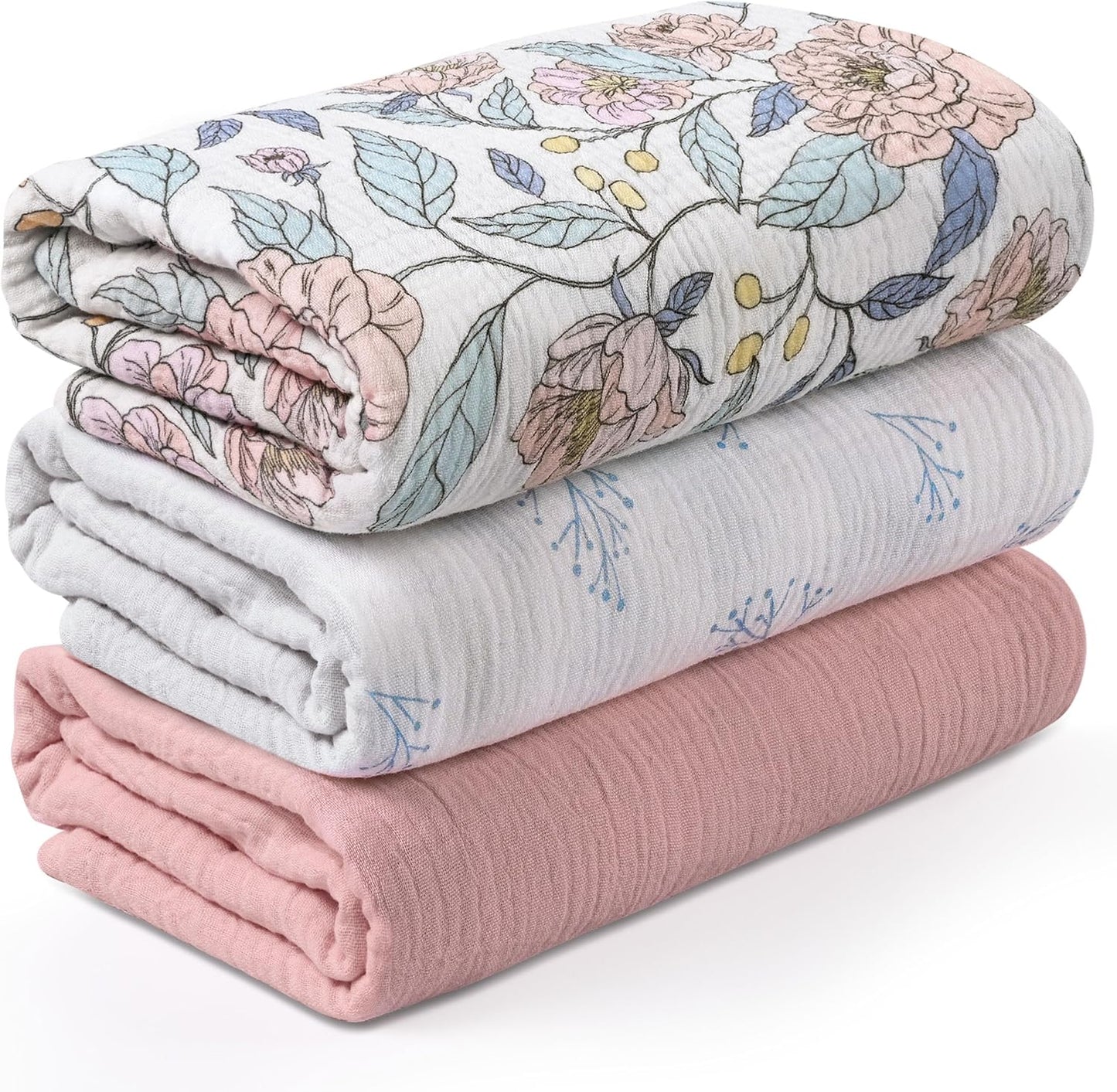 Skiennix Muslin Swaddle Blankets - 3 Pack Breathable Soft Receiving Blankets | Large 38 x 40 Inches, Cute Flower Design