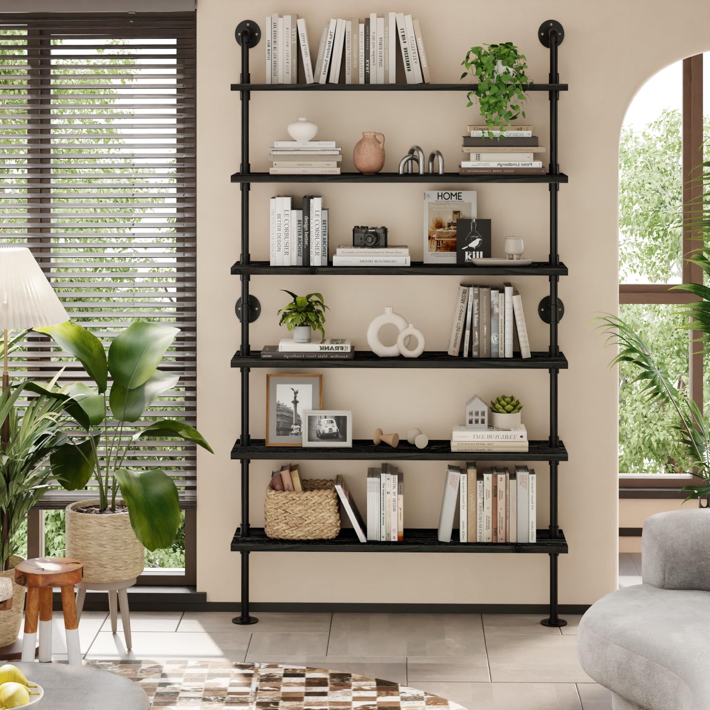 Anynice 6 Tier Industrial Ladder Shelf Bookcase, Wall Mounted Rustic Bookshelf for Living Room Decor and Storage (Black, 6 Tier - 10" D x 48" W x 82.5" H)