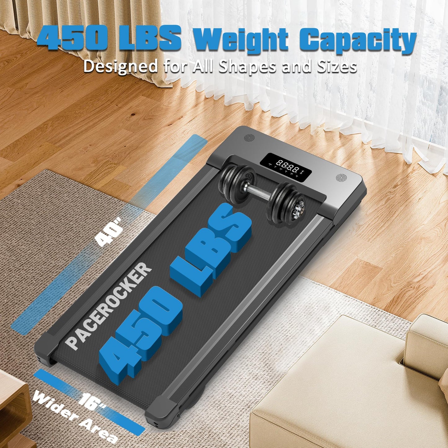 PACEROCKER Walking Pad Treadmill - 12% 9-Level Auto Incline System - 450 lbs Heavy Duty Capacity (204.1 kg) - Bluetooth Speaker - LED Display - Under Desk Design - 5 MPH (8 km/h)