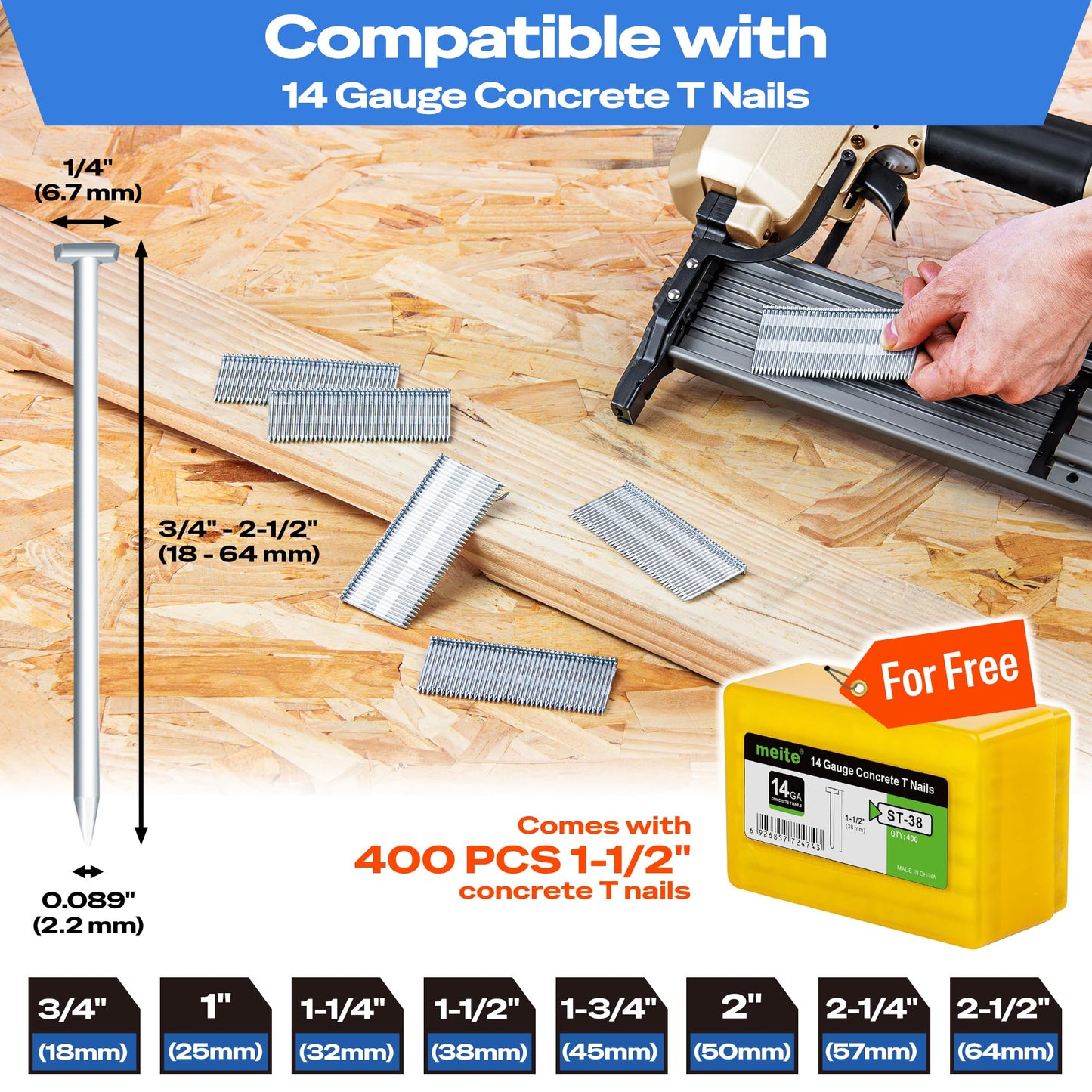 meite ST64L Concrete Nail Gun with 14 Gauge 2-1/2 Inch T Nails, Heavy Duty Pneumatic Concrete T-Nailer Gun for Wood-to-Concrete Projects, 100PCS Magazine