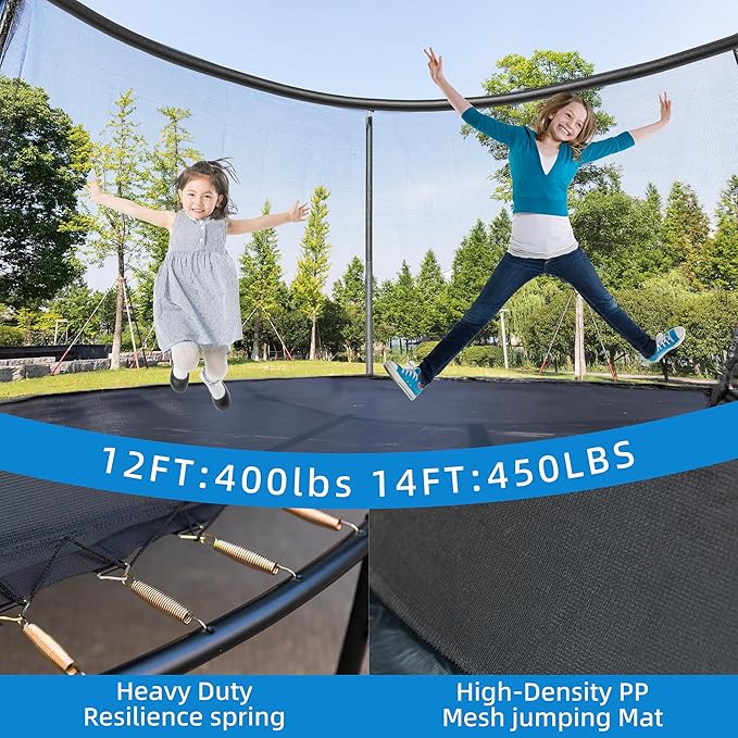 Trampoline 12FT 14FT Enclosure Net Outdoor Jump for Kids and Adults Round ASTM Approved 400/450LBS Weight Capacity