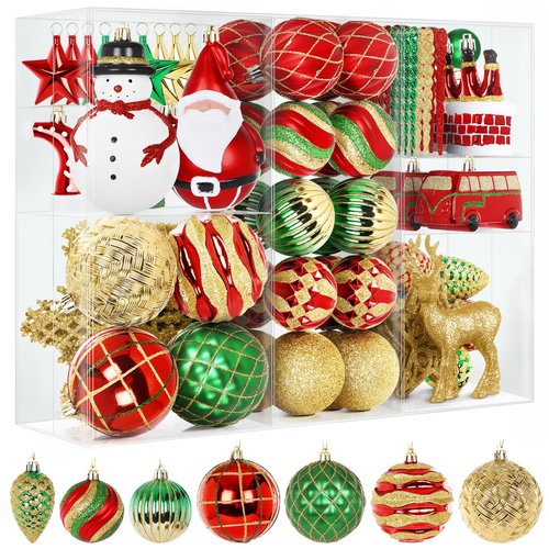 Alupssuc 100 Pcs Christmas Ball Ornaments Set, Santa Claus and Snowman Christmas Tree Decoration Baubles for Indoor Outdoor Holiday Wedding Party Decoration Tree with Hanging Rope, Red & Green & Gold