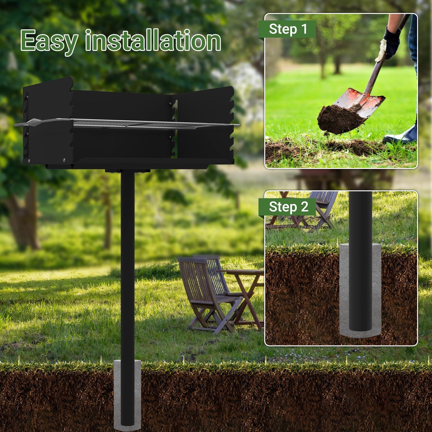 Toriexon Park Grills, 384 Sq. In, Park Style Charcoal Grill, Heavy Duty In Ground Park Grill with Stainless Steel Cooking Grate and Cover for Commercial and Outdoor Cooking 25.5'' L x 17'' W x 11'' H