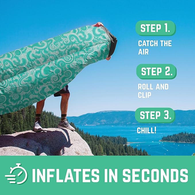 Chillbo Shwaggins Inflatable Couch – No-Pump Setup, Ripstop Polyester, Stability Pegs, Fun Prints, Portable Air Lounger for Beach, Camping, Festivals, and Tailgating - Green Wave