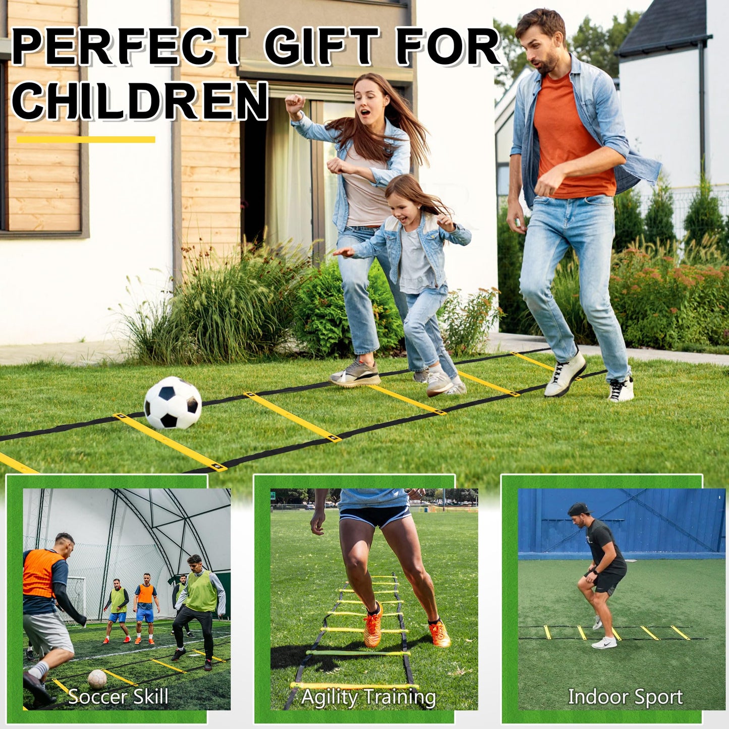 Camkinger Fixed Rung Agility Ladder, 20ft, 12 Rungs No Tangle Speed and Agility-Training Equipment for Soccer Footwork Coaching Ladders with Carrying Bag, Ground Stakes for Adults, Youth Kids, Yellow