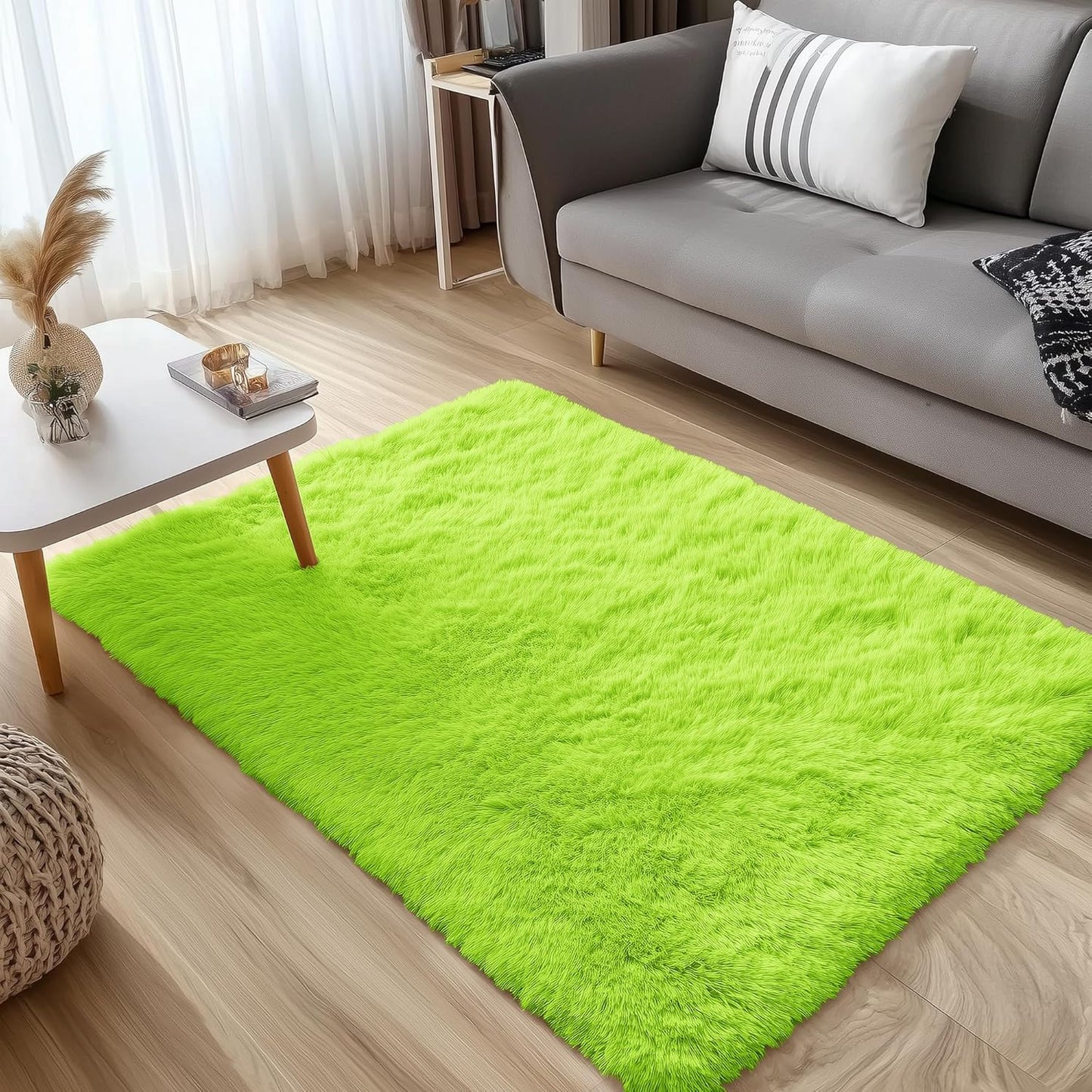 OLANLY 3x5 Machine Washable Bedside Rug - Soft Fluffy Shaggy Carpet for Kids & Nursery | Lime Green