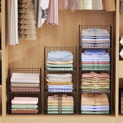 Jakyitvi 4-Tier Stackable Closet Organizer - Foldable Storage Bins for Clothes & Accessories - Sturdy Iron Mesh Shelves - Black