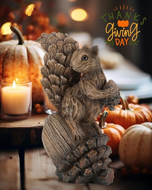 iStatue 10” Resin Squirrel Figurine - Charming Woodland Animal Decor for Fall Harvest & Thanksgiving