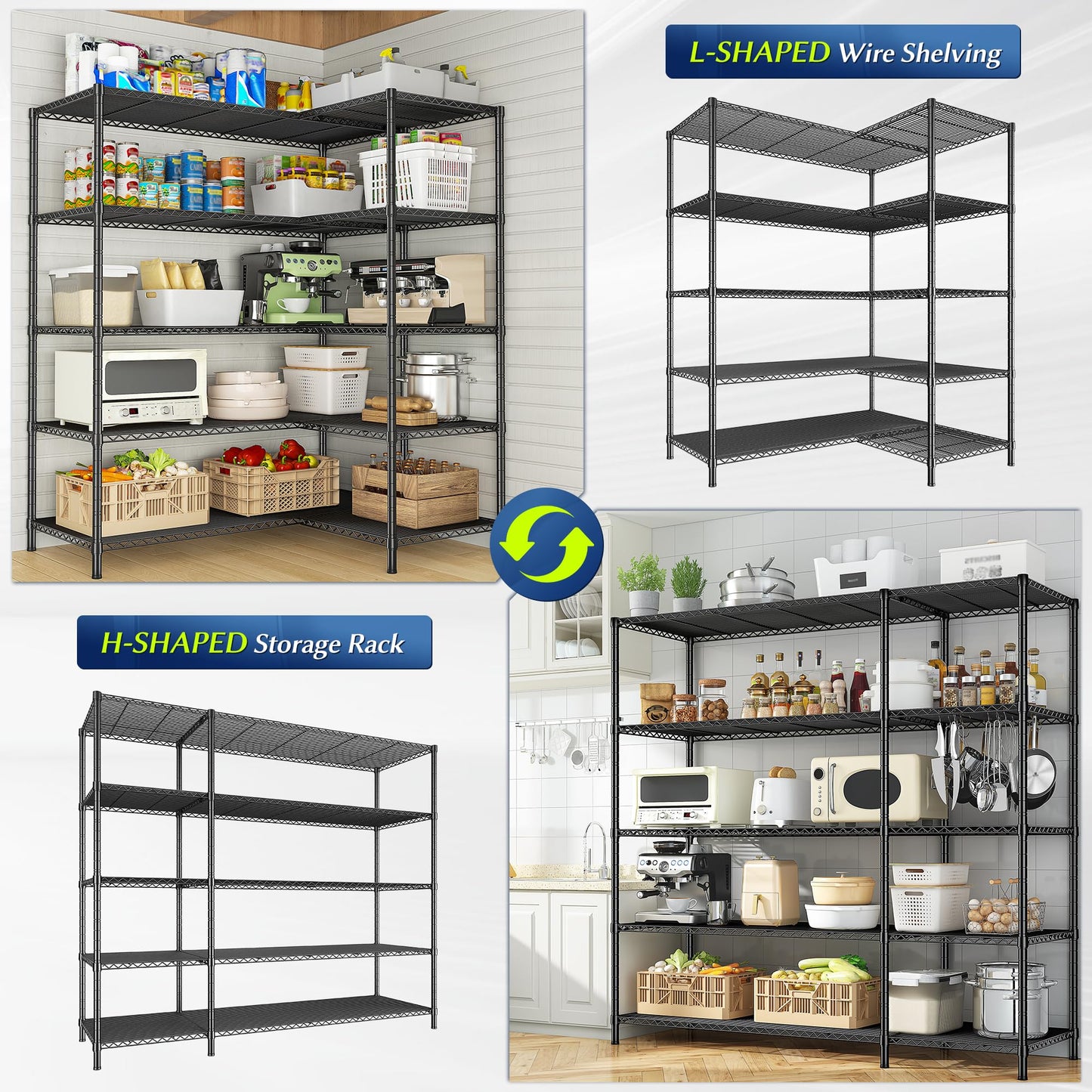 Romorgniz 70.8H Wire Shelving Rack, 5Tier Metal Shelving Unit,1200LBS Heavy Duty Storage Shelves,Adjustable Pantry Shelves, Metal Shelf and Storage Rack,Industrial Shelving 52.36W x13.78Dx70.8H,2PCS