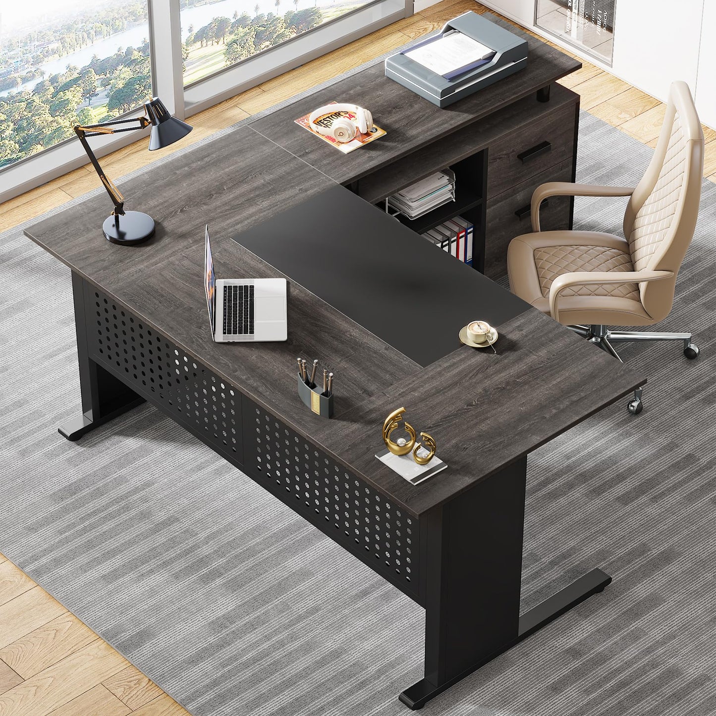Tribesigns 63 Inch Executive Desk with File Cabinet, L Shaped Office Desk with Drawers and Storage Shelves, Business Furniture Set Workstation for Home Office, Gray and Black