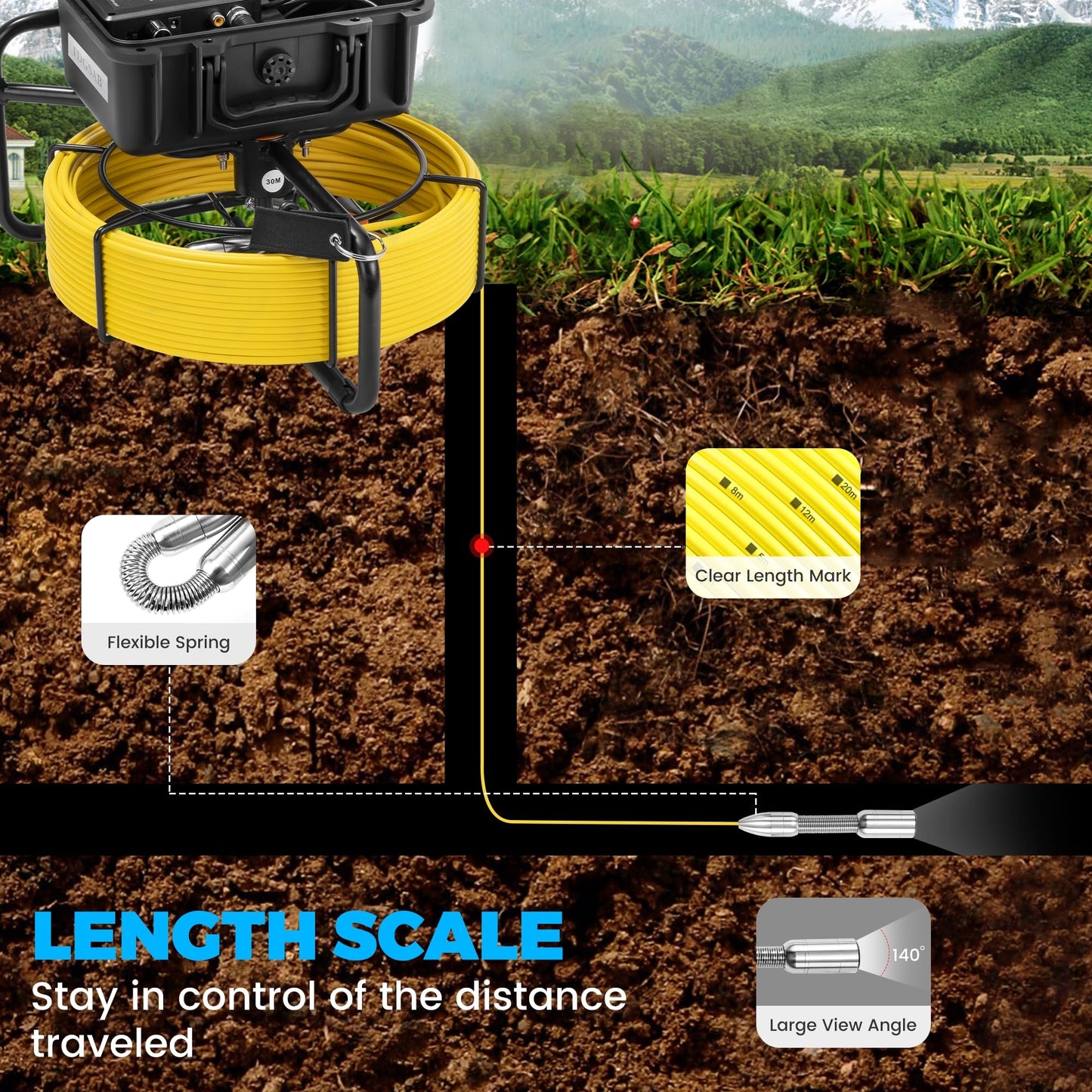 FDGSAB Sewer Camera, 20/50m, 7" Screen Pipeline Inspection Camera Waterproof IP68 w/12 Adjustable LEDs, DVR Function Have 32GB SD Card .for Sewer Line, Duct Drain Pipe Plumbing (164ft/50M DVR)