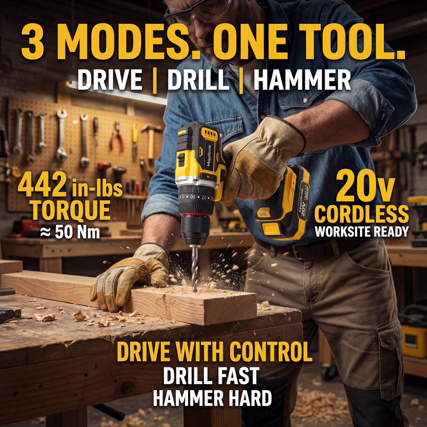 MoJoTools Brushless Cordless Power Tool Combo Kit for Heavy DIY & Semi-Professional Use – 50Nm Drill Driver, 380Nm Impact Wrench, 5" Angle Grinder LCD, 2×3000mAh Batteries, Carry Case &&Accessories
