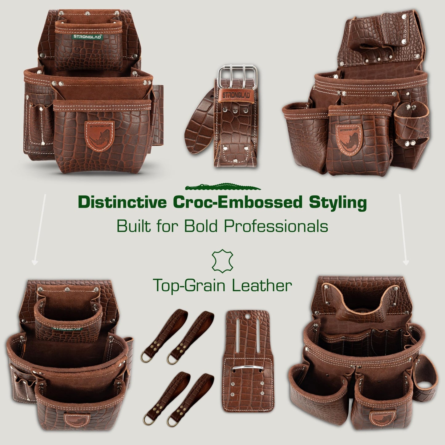 STRONGLAD Leather Carpenter Tool Belt – 21-Pocket Brown-Red Crocodile-Embossed Top-Grain Leather Framing Tool Belt for Men | Heavy-Duty Construction Gear with Stainless Steel Hardware
