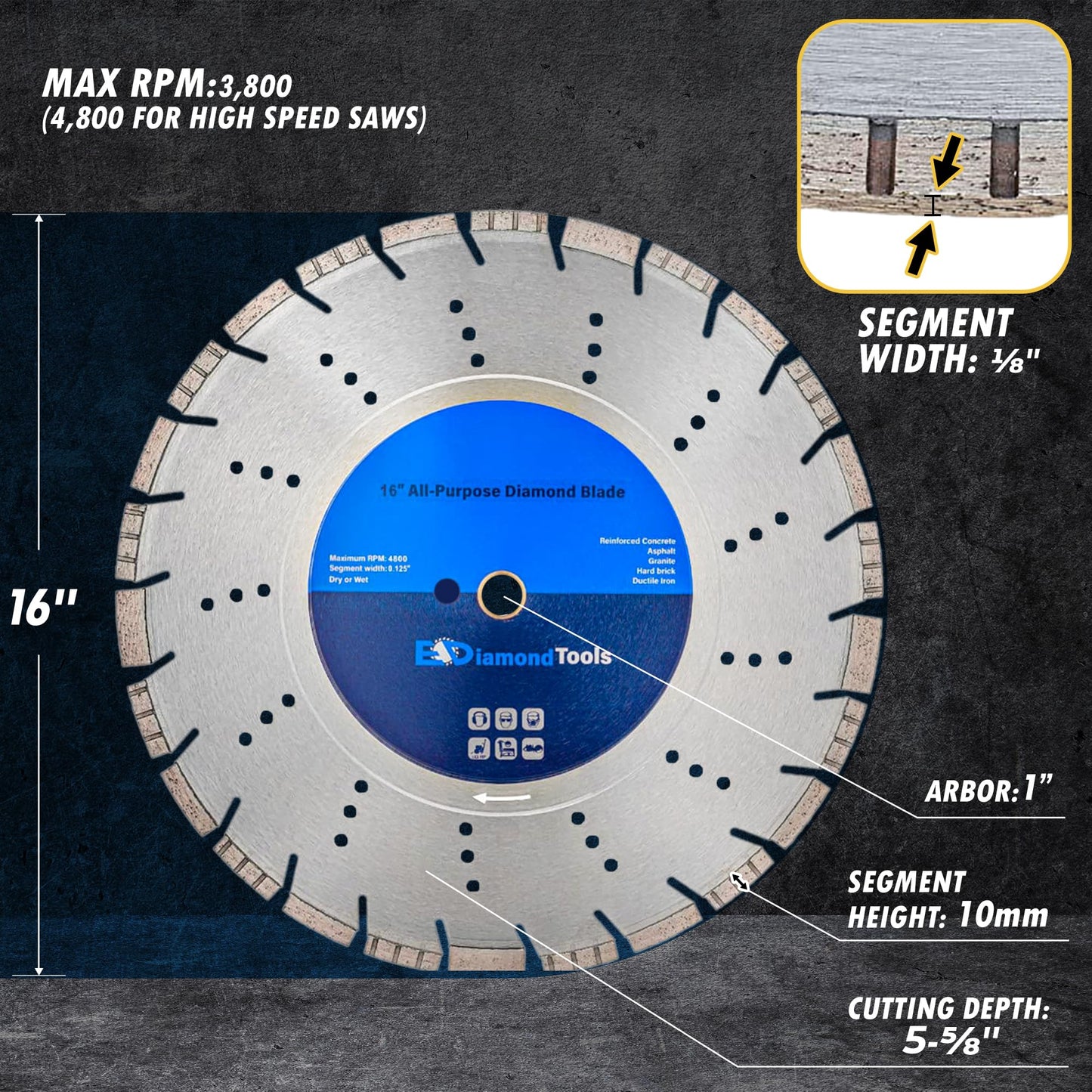 16" All Purpose Diamond Saw Blades for Hard/Reinforced Concrete, Asphalt, Granite, Terrazzo, Ductile Iron Piping, 5-5/8" Cutting Depth, 1" Arbor