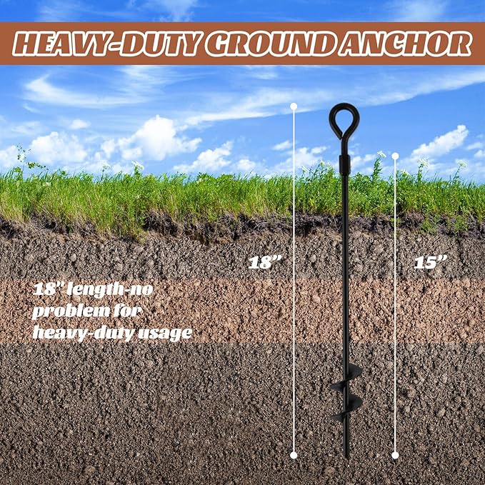 MIXXIDEA18 Inch Ground Anchors Screw in Folding Ring Spiral Metal Ground Stakes Dog Tie Out Stake Spiraling Anchor Trampoline Anchors for Tent (black-4pk)