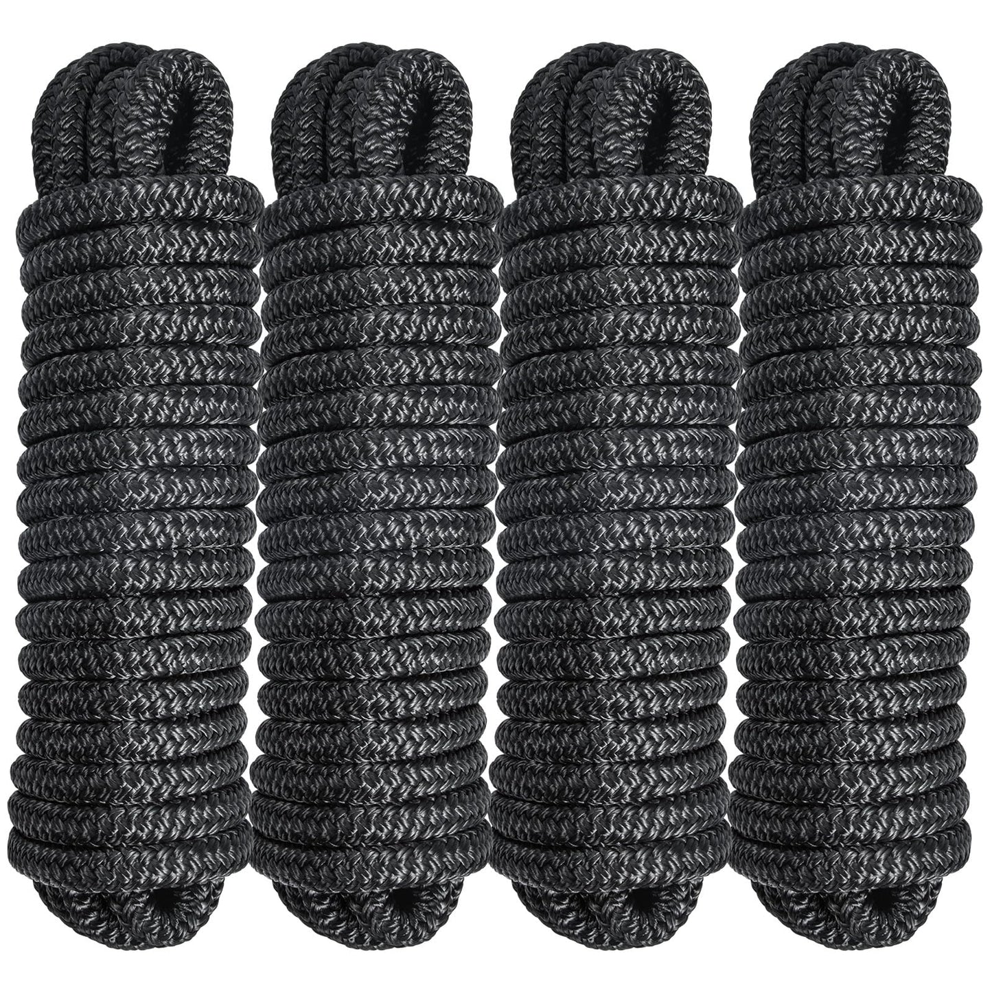 4 Pack 1/2" x 25’ Boat Dock Lines for Boat & Pontoon, Premium Marine- Grade Double Braided Nylon Dock Line, Pre-Spliced with a 12" Eyelet-Black,Boating Gifts for Men