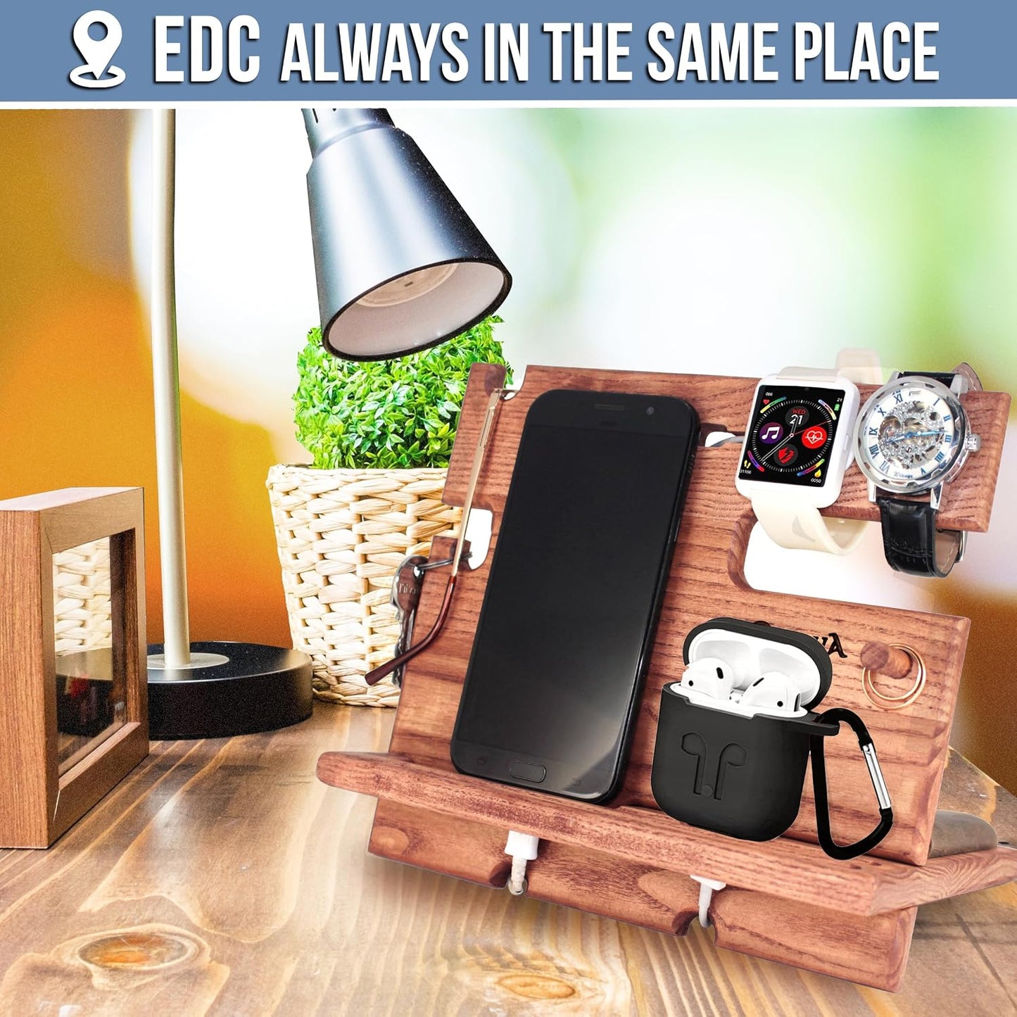 BarvA Rustic Phone Docking Station Desk Organizer | Night Stand Electronics Charging Station | Dresser Smart Watch