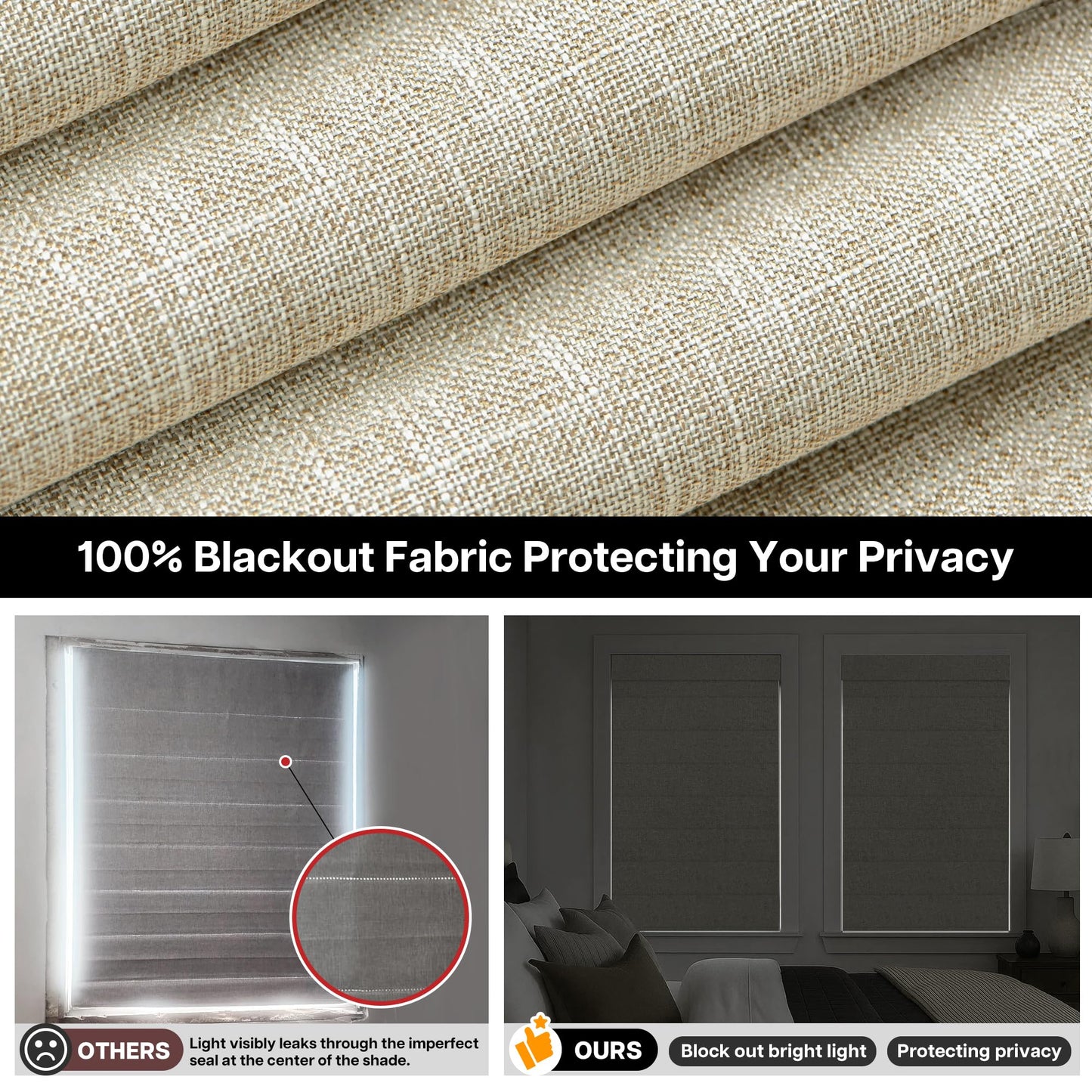 LazBlinds No Tools No Drill TDBU Cordless Roman Shades for Window, Thermal Insulated UV Blocking, 100% Blackout Fabric Blinds for Bedroom & Living Room, 42" W x 64" H, Blackout - Beige
