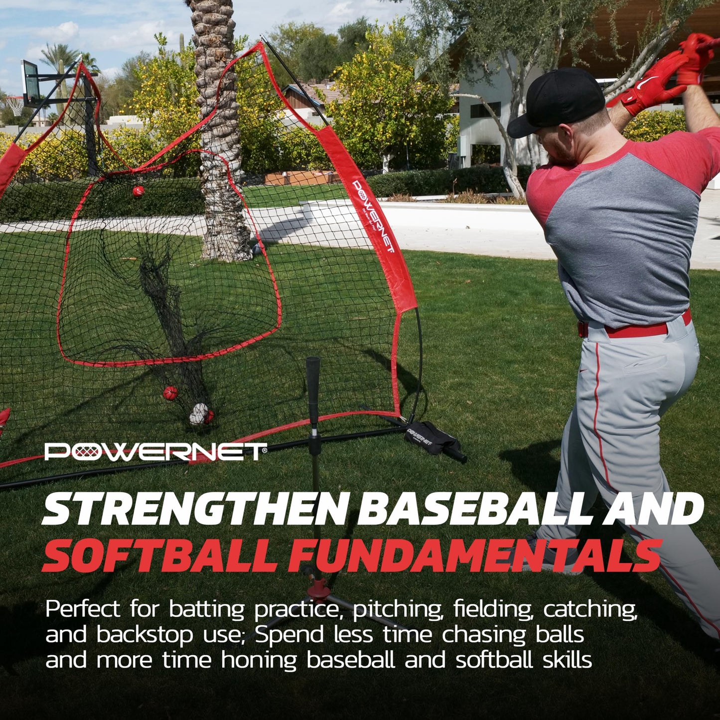 PowerNet Baseball & Softball Practice Net 7x7 FT, Outdoor Baseball Training Equipment for Pitching & Batting Practice (Red Net)