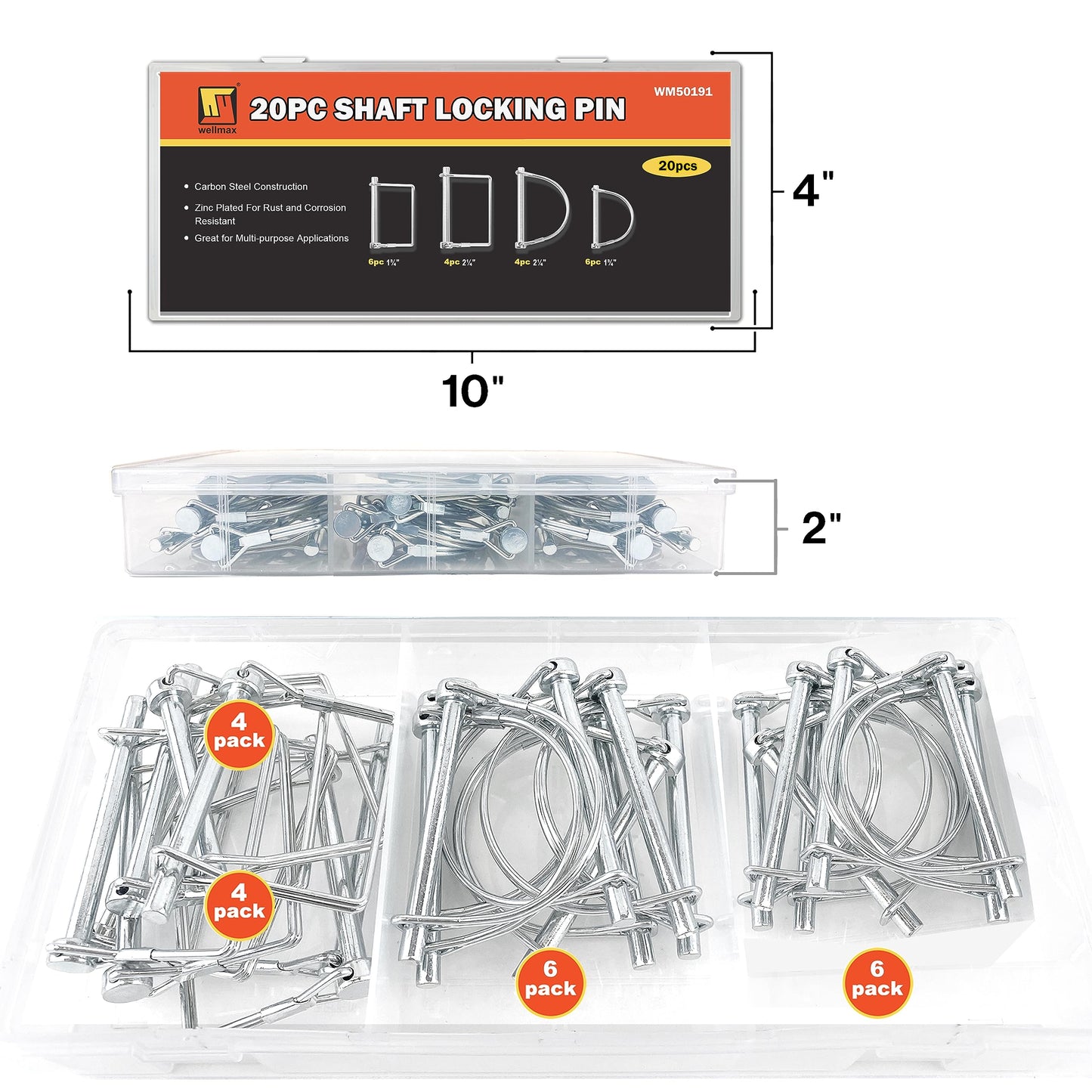Wellmax 20 Pcs Trailer Hitch Pin in 1/4", 5/16" and 3/8" Diameter Zinc-Plated Heavy Duty Shaft Locking Pin, Trailer Pin for Trailer Lock and Hitch Pin Lock for Farm Lawn Garden Wagons, Silver Color