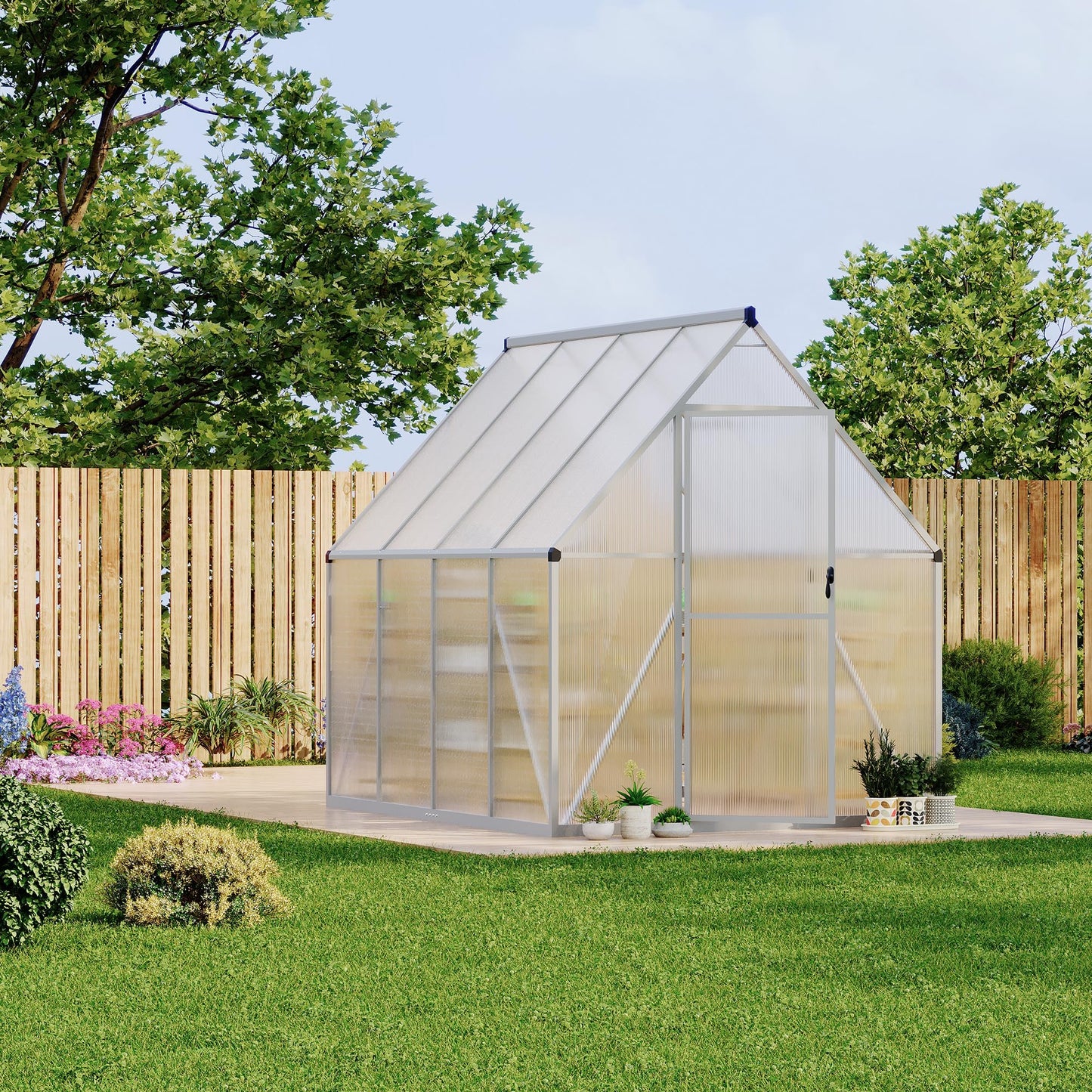 6x7 FT Heavy Duty Aluminum Polycarbonate Greenhouse – Large Walk-in Structure, Quick Setup, Roof Vent, Lockable Door, Rain Gutter – Ideal for Patio, Backyard, Garden – Silver