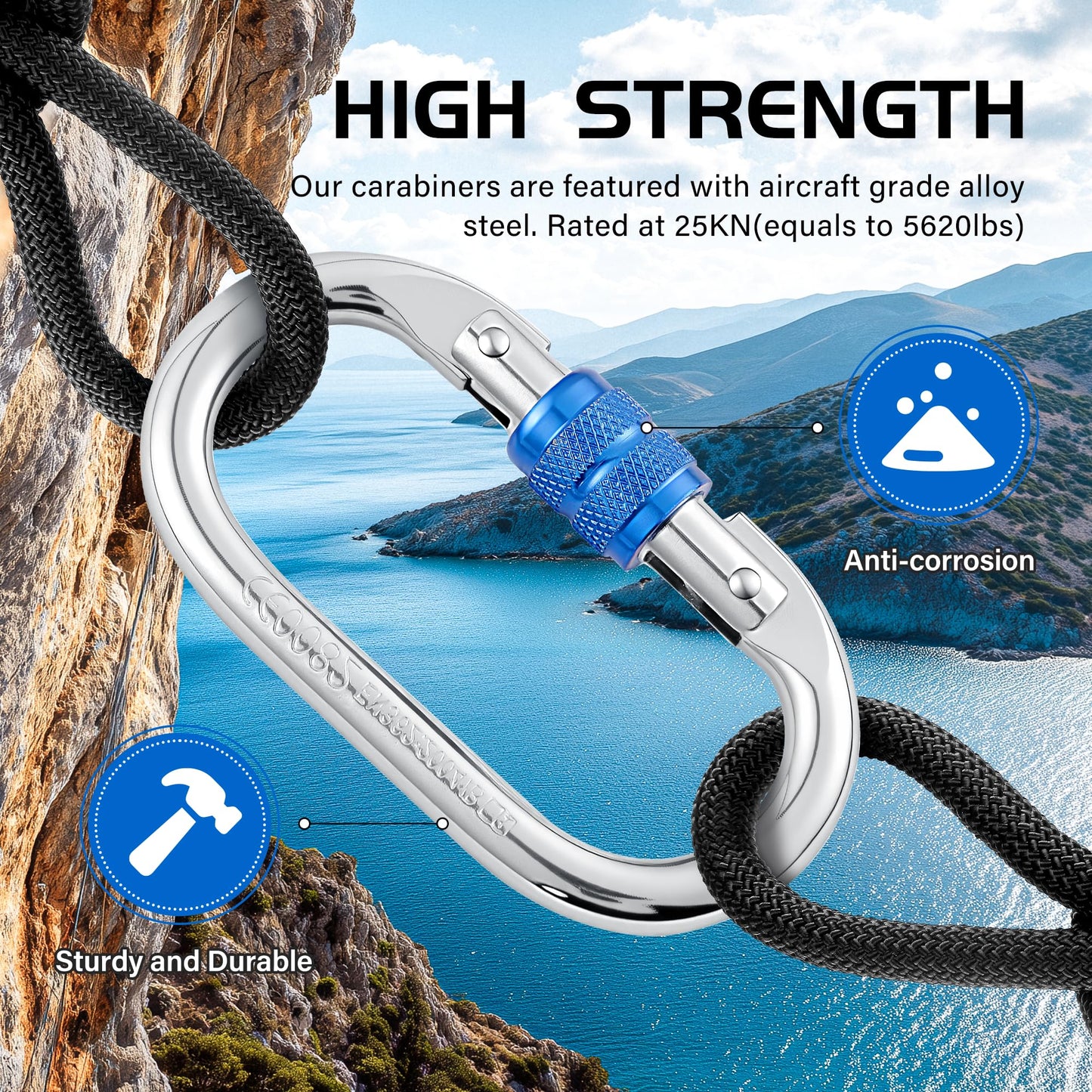 Hopeseily Heavy Duty Climbing Carabiner, Rated 25kN(5620lbs), Screw Locking Carabiner Clip, Oval Shape Carabiner for Rappelling, Hammocks, Aerial Work, Rigging, Rescue, Arborist(2pack, Blue)