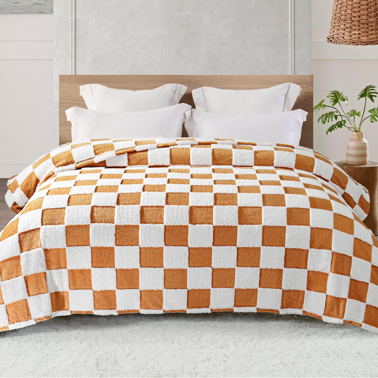 Exclusivo Mezcla Fleece Blanket Queen, Cozy Lightweight Fuzzy Checkered Blanket for Bed, Suitable for All Seasons, Coral Orange, 90" x 90"