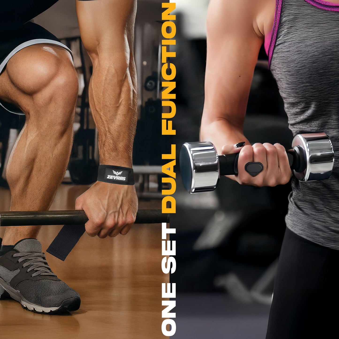 ZEYRAS 2-in-1 Wrist Straps for Weightlifting with Anti-Slip Hand Grips, Gym Lifting Straps with 60 cm Cotton Support, Padded Durable Design, Wrist Lifting Straps Gloves Alternative